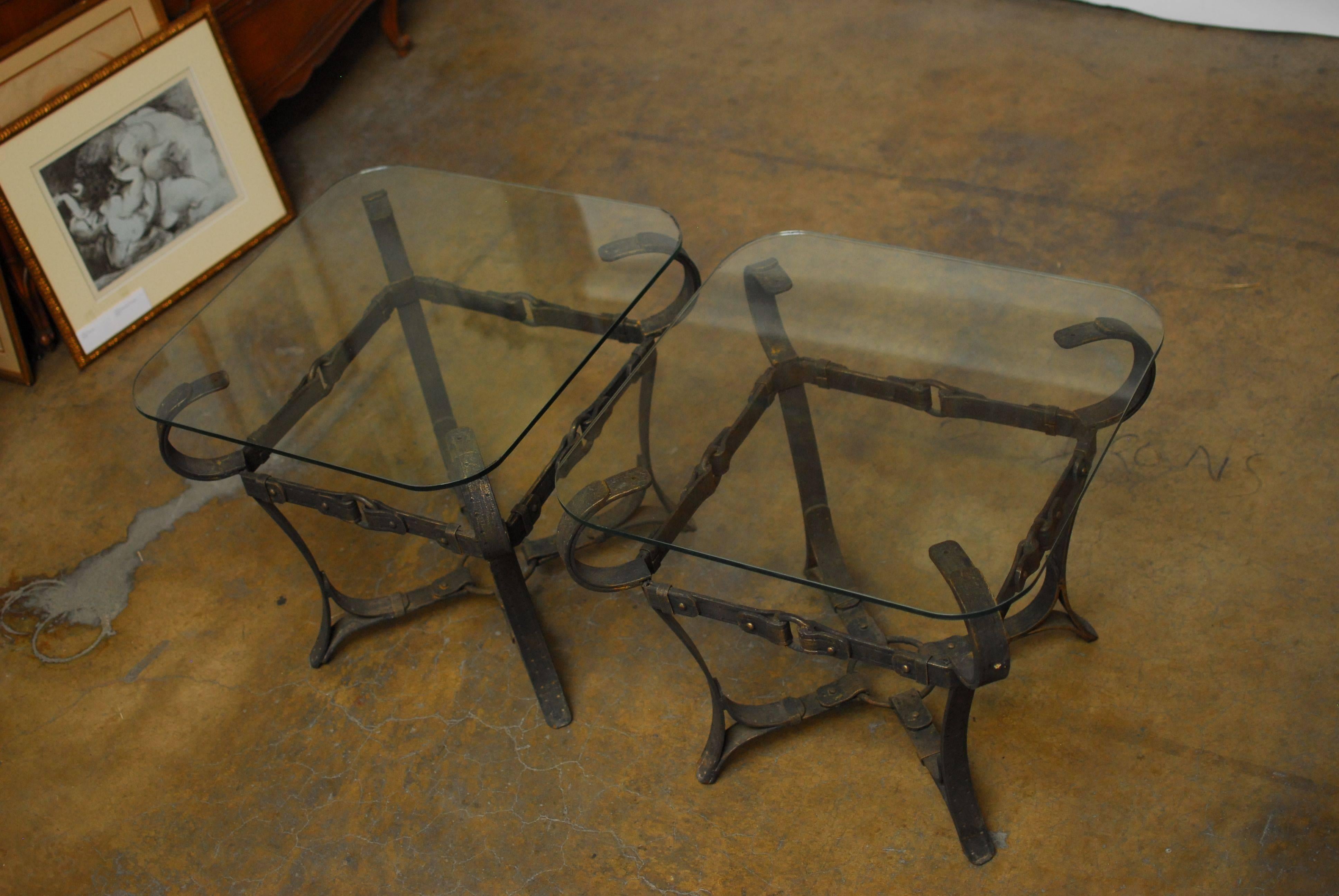 Glass Jacques Adnet Style Cast Iron Leather Strap Tables