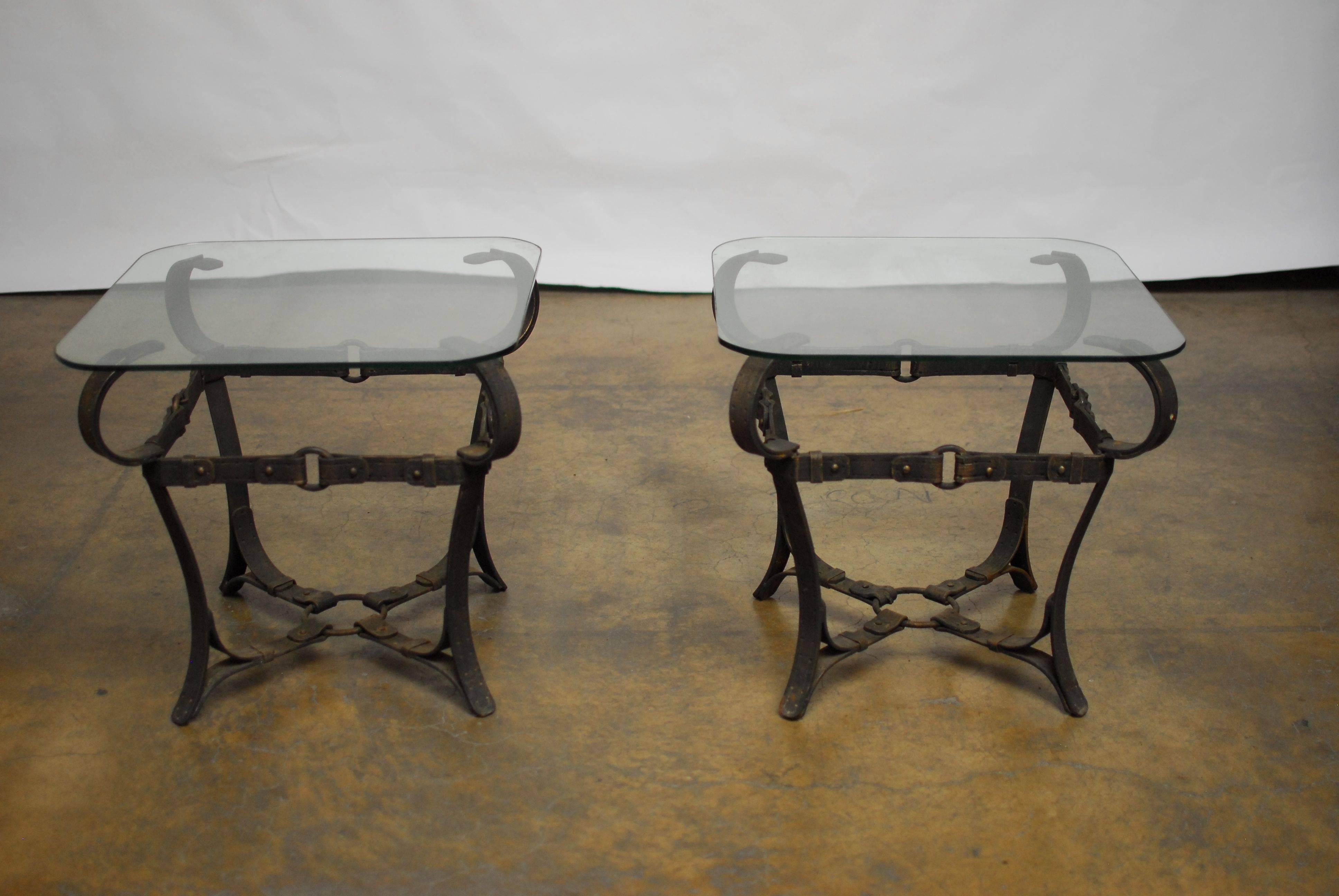 French Jacques Adnet Style Cast Iron Leather Strap Tables