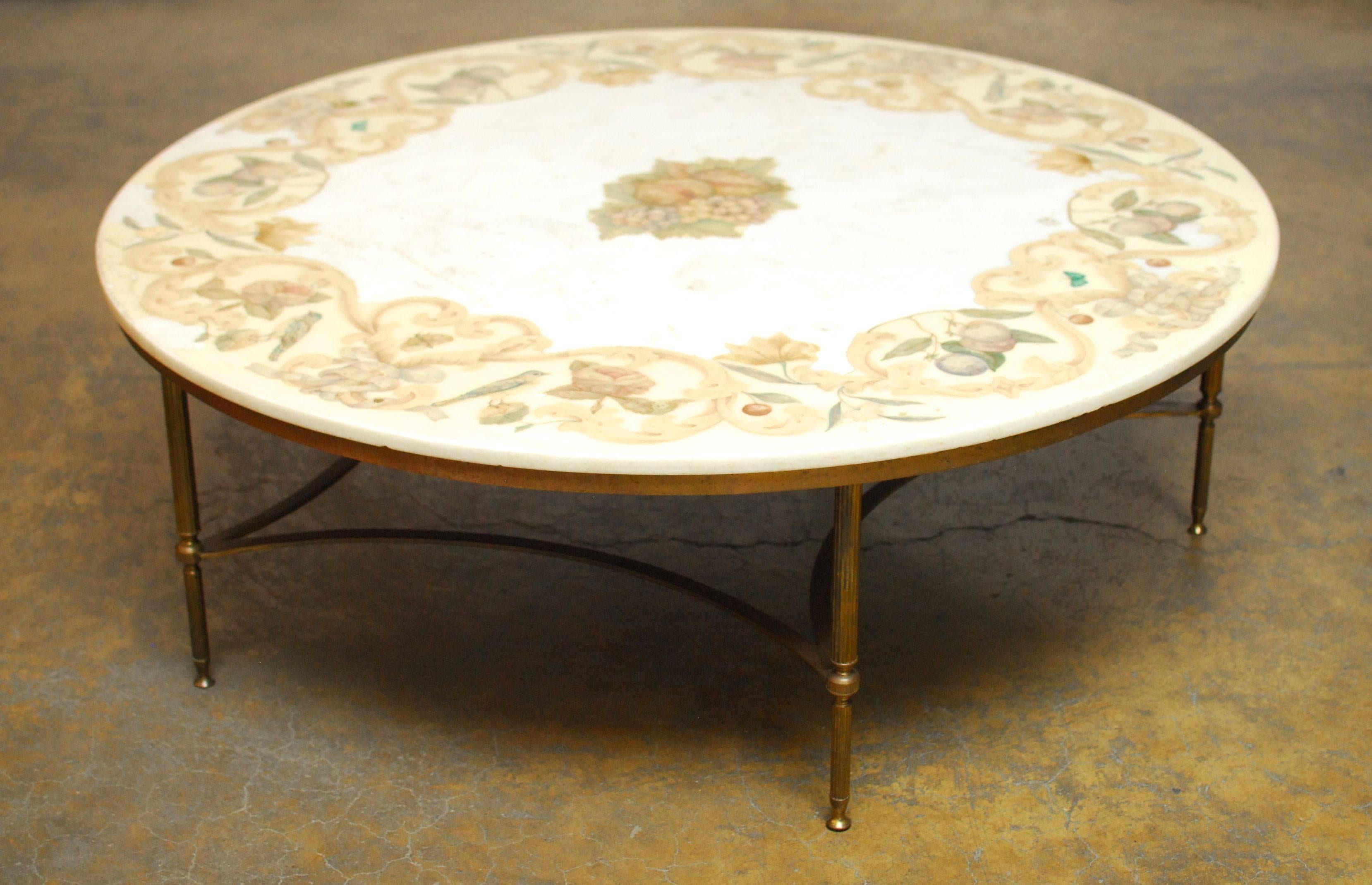 Neoclassical Florentine Marble and Brass Round Cocktail Coffee Table