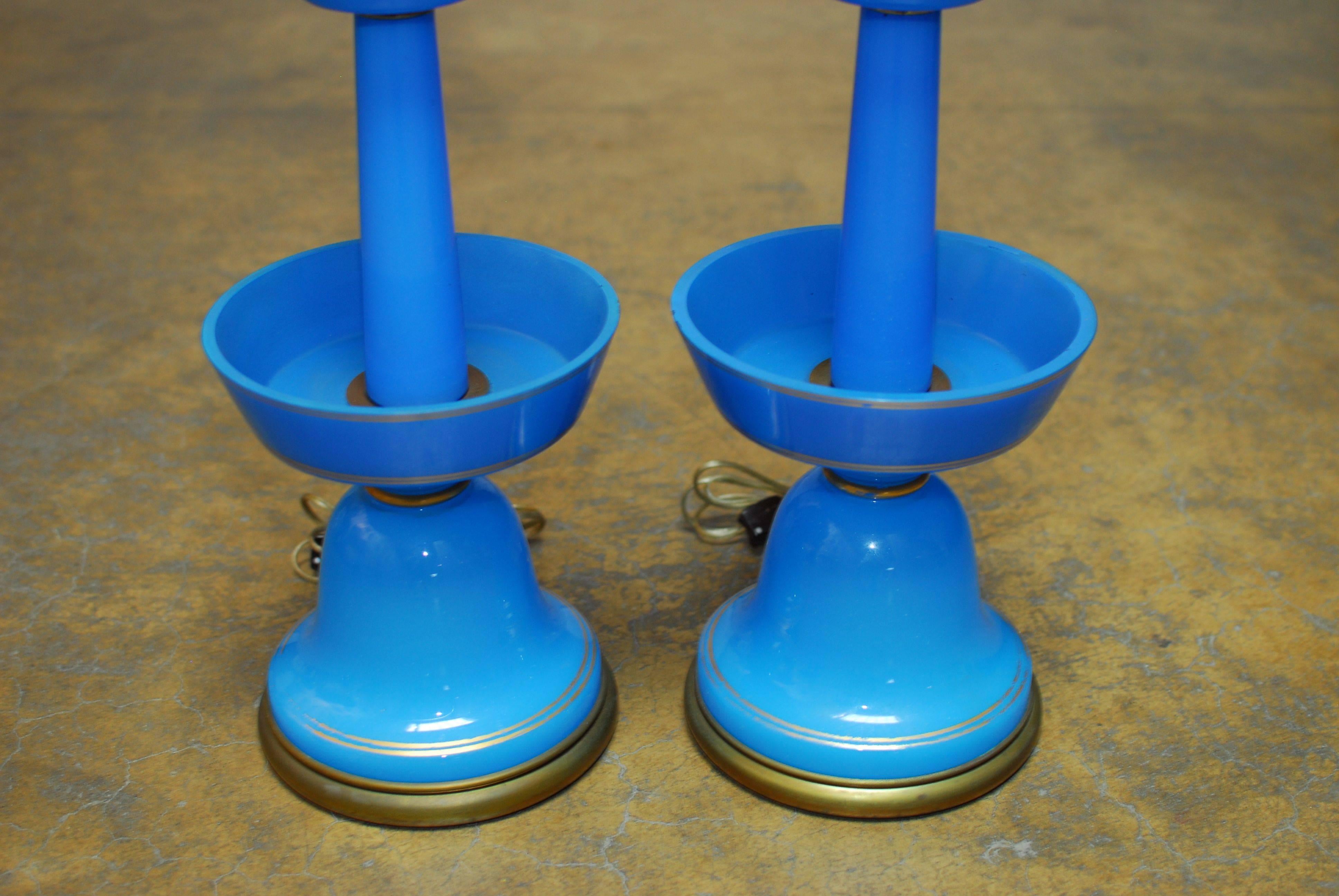 Pair Blue Bristol Glass Table Lamps In Excellent Condition In Rio Vista, CA