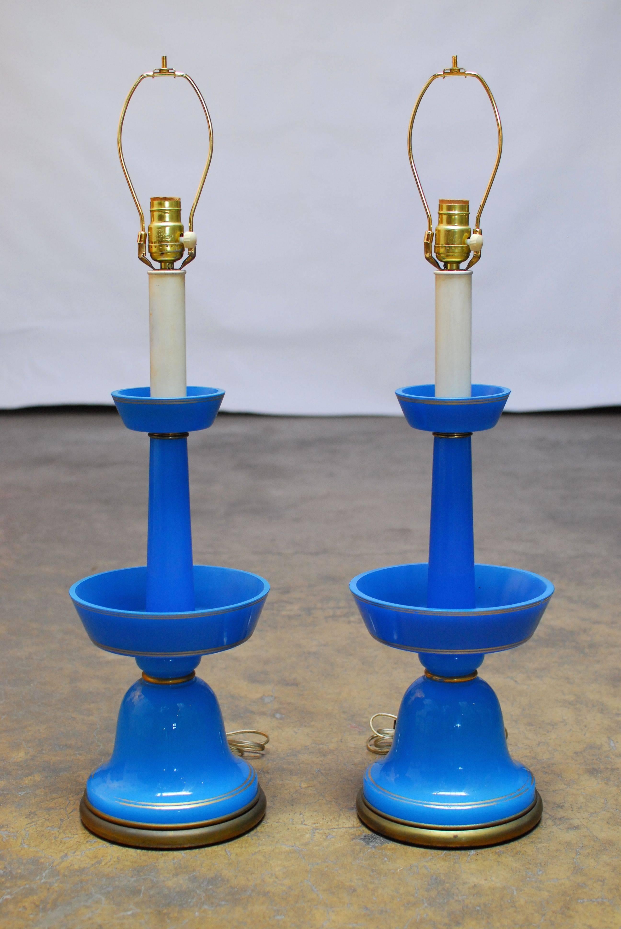 English Pair Blue Bristol Glass Table Lamps