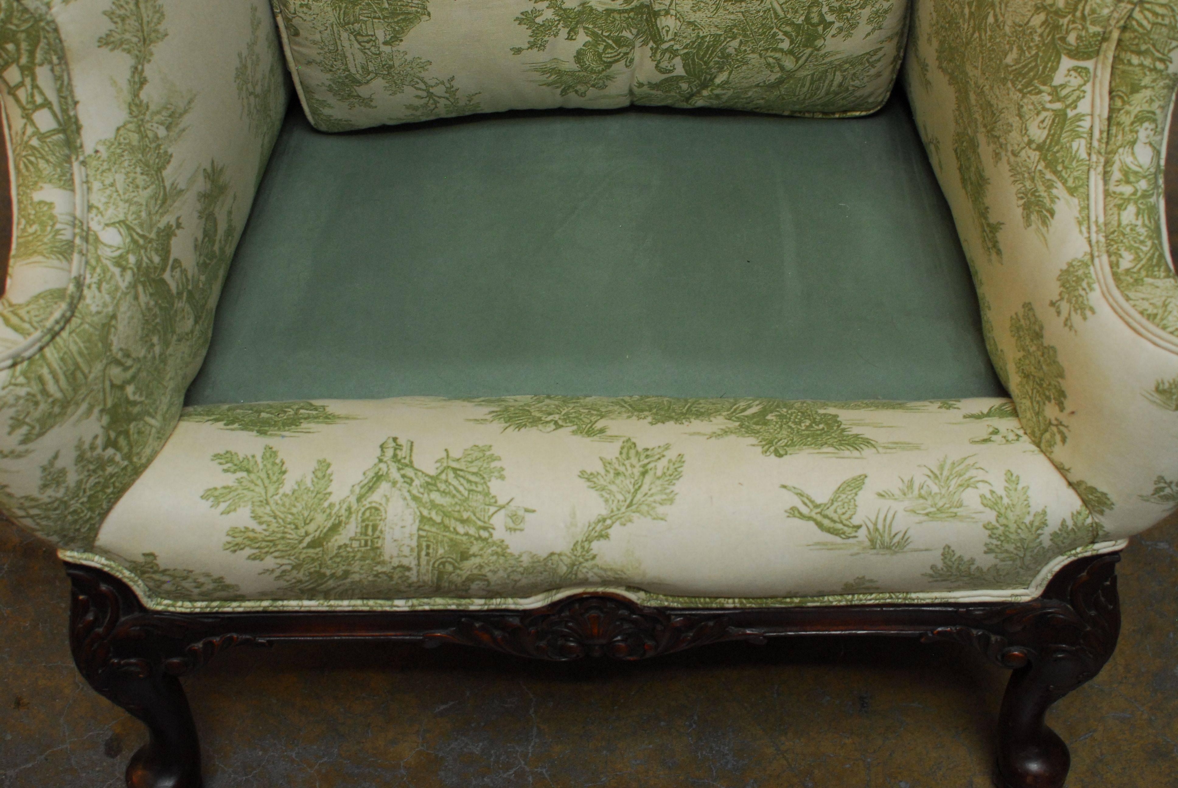 Bergere With Ears Antique Armchair Blue Toile De Jouy Fabri