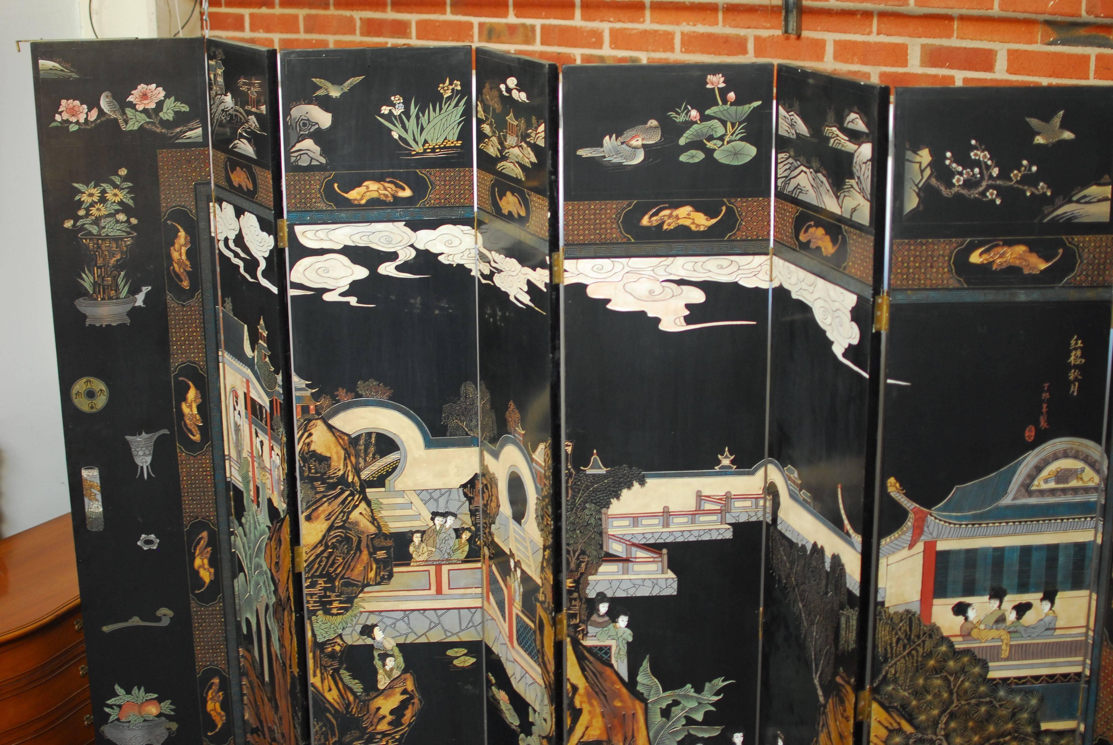 Eight-Panel Chinese Black Lacquer Coromandel Screen 2