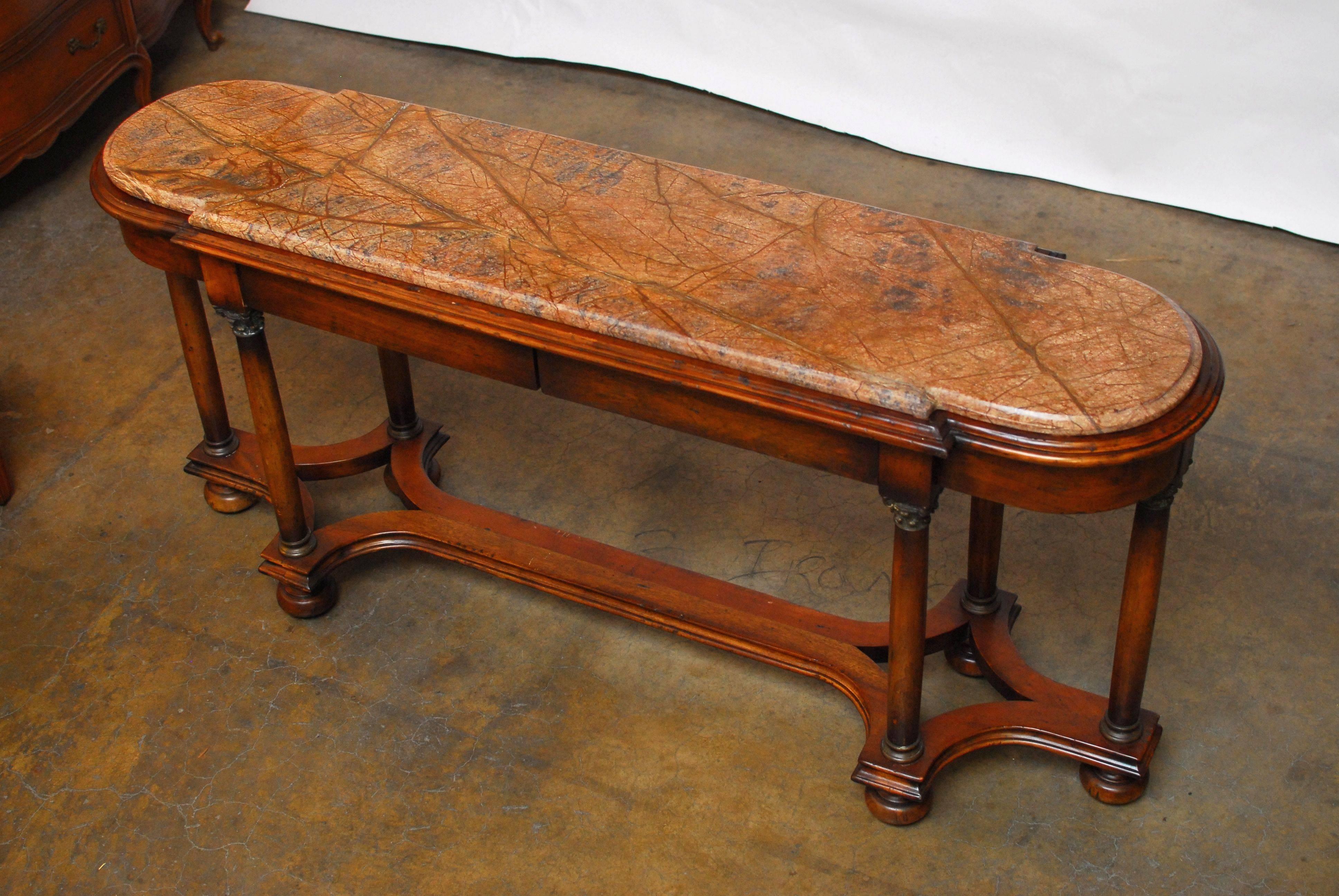 Carved Walnut Marble-Top Console In Excellent Condition In Rio Vista, CA