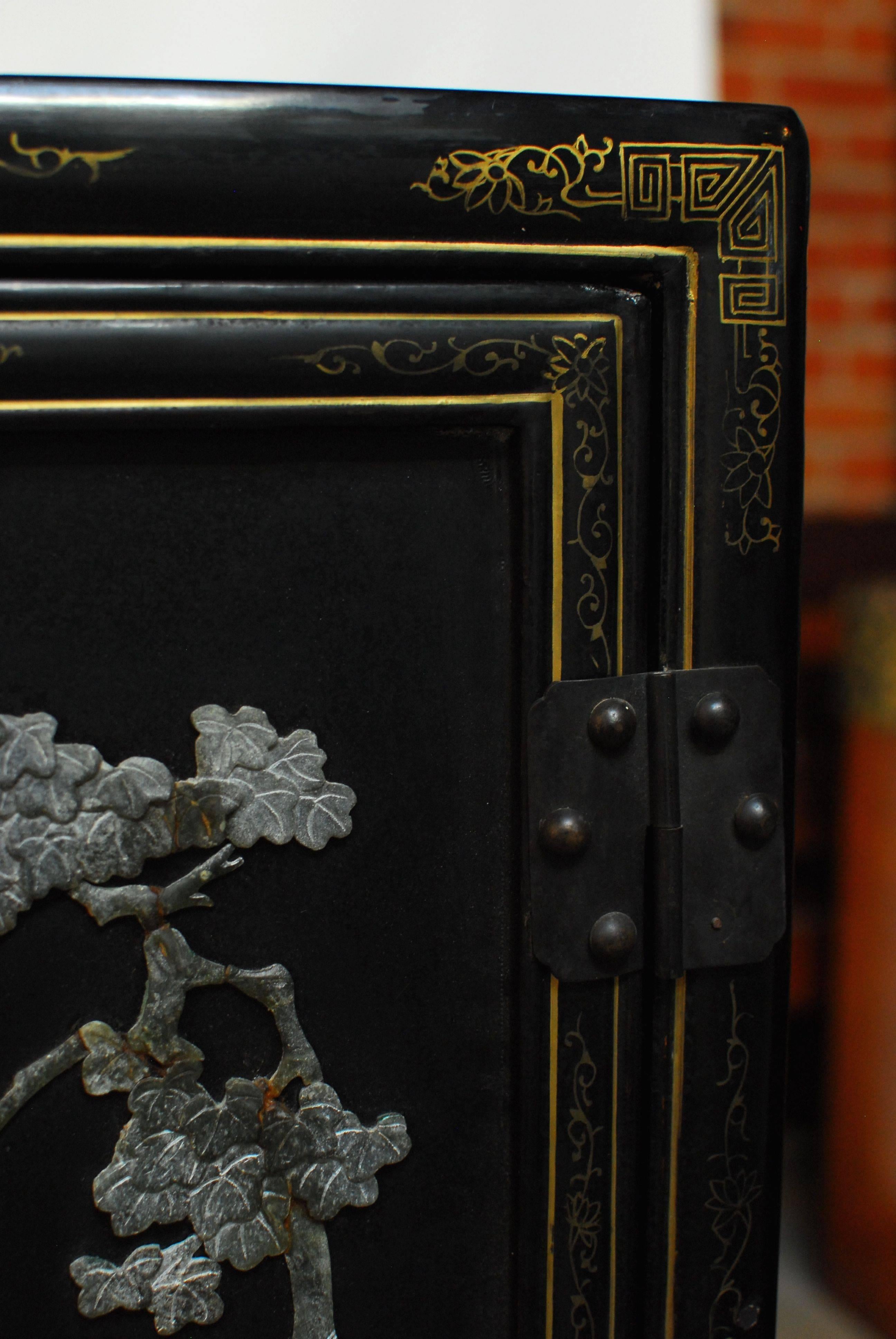 Chinese Black Lacquer Hard Stone Cabinet 2