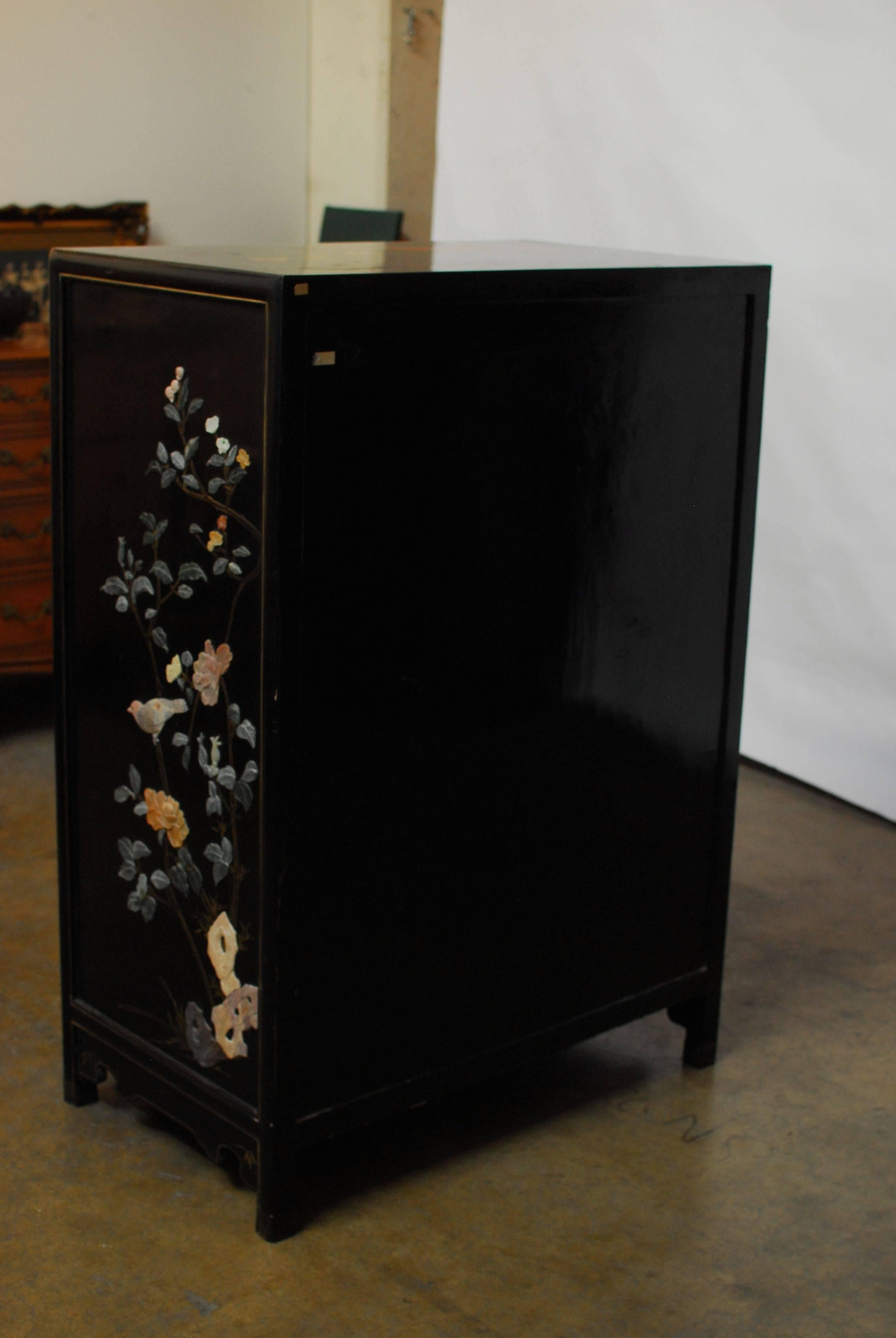 20th Century Chinese Black Lacquer Hard Stone Cabinet