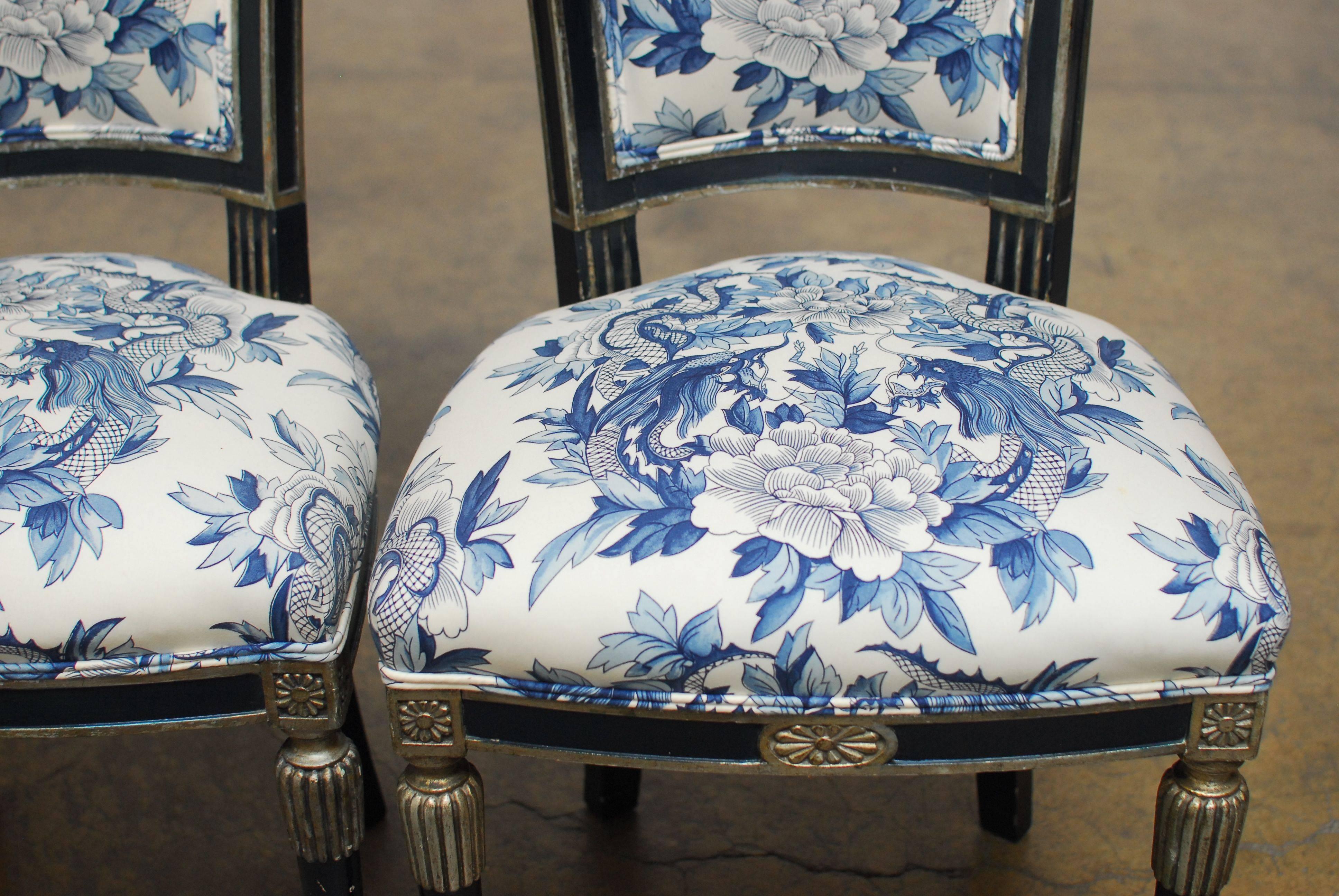 French Directoire Style Chairs with Chinoiserie Dragon Upholstery In Excellent Condition In Rio Vista, CA