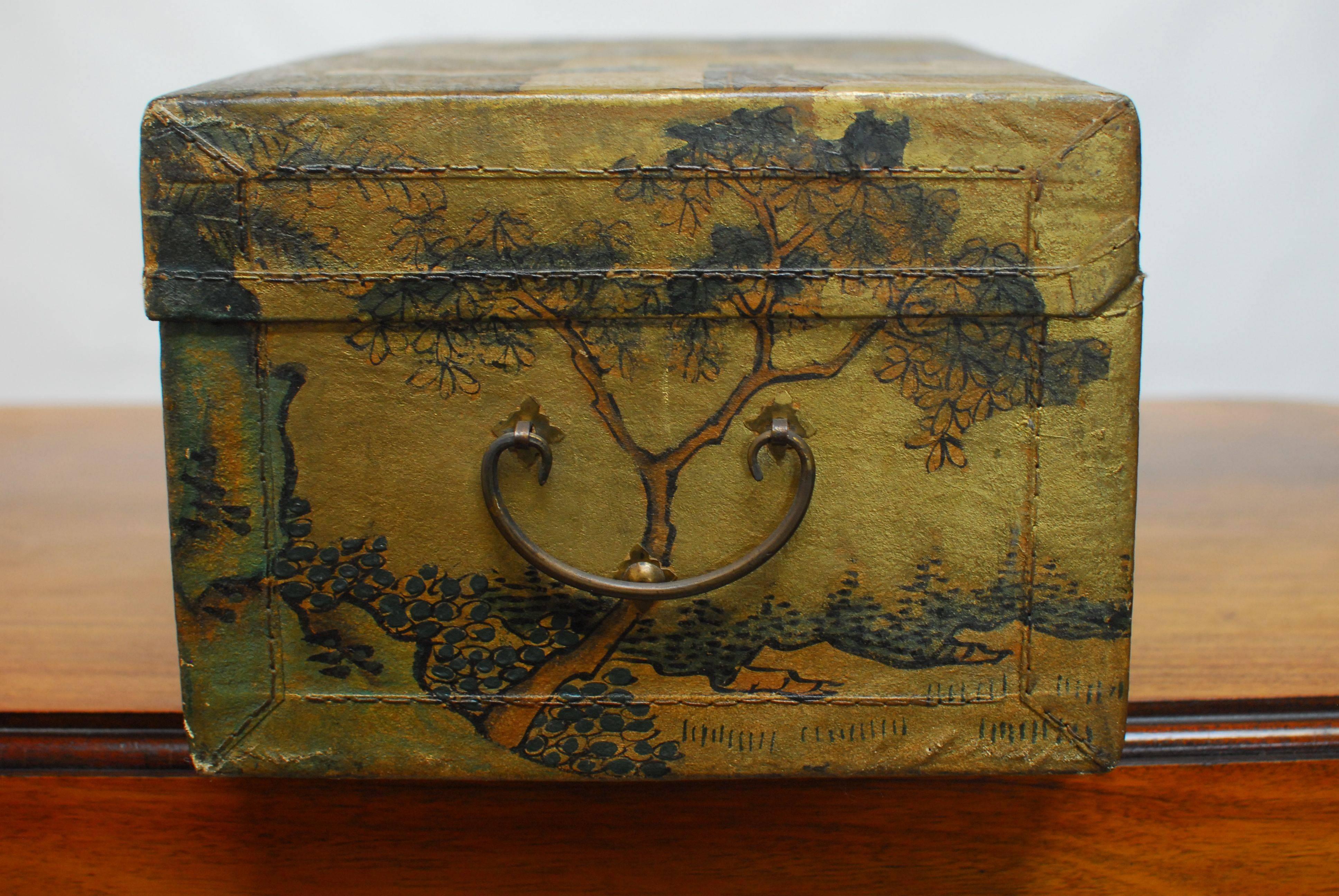 Wood Chinese Polychrome Pigskin Box