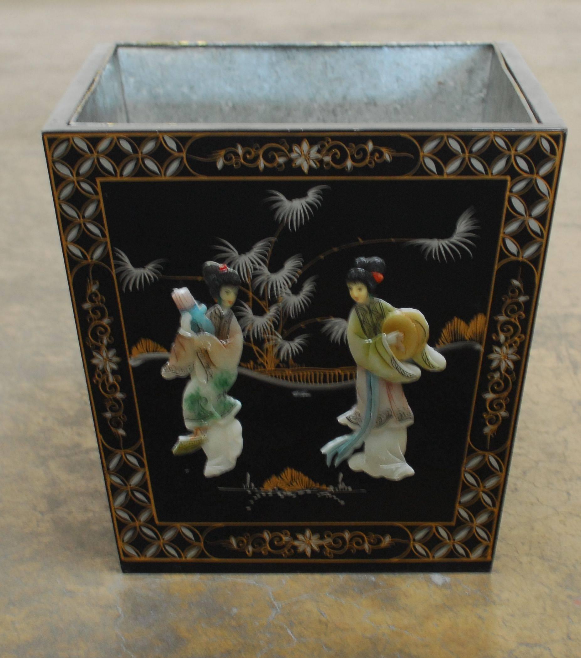 Chinese black lacquer planter box or jardiniere featuring hard stone decoration depicting 2 beauties on each side. Hand painted borders and landscapes in gilt and pearl white decorate the background. Removable zinc lining makes this a perfect