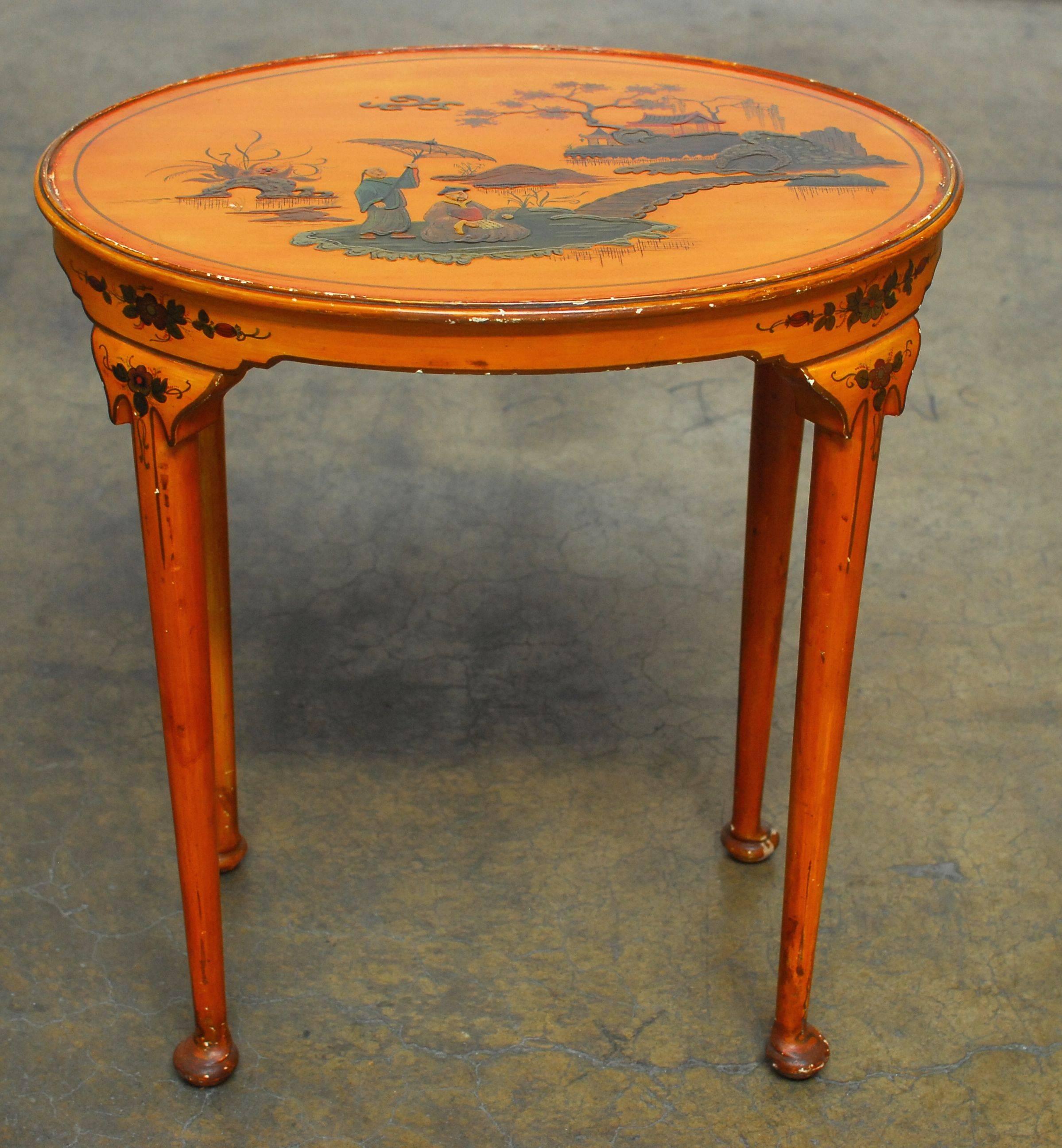 Lacquer Queen Anne Style Chinoiserie Tea Table For Sale