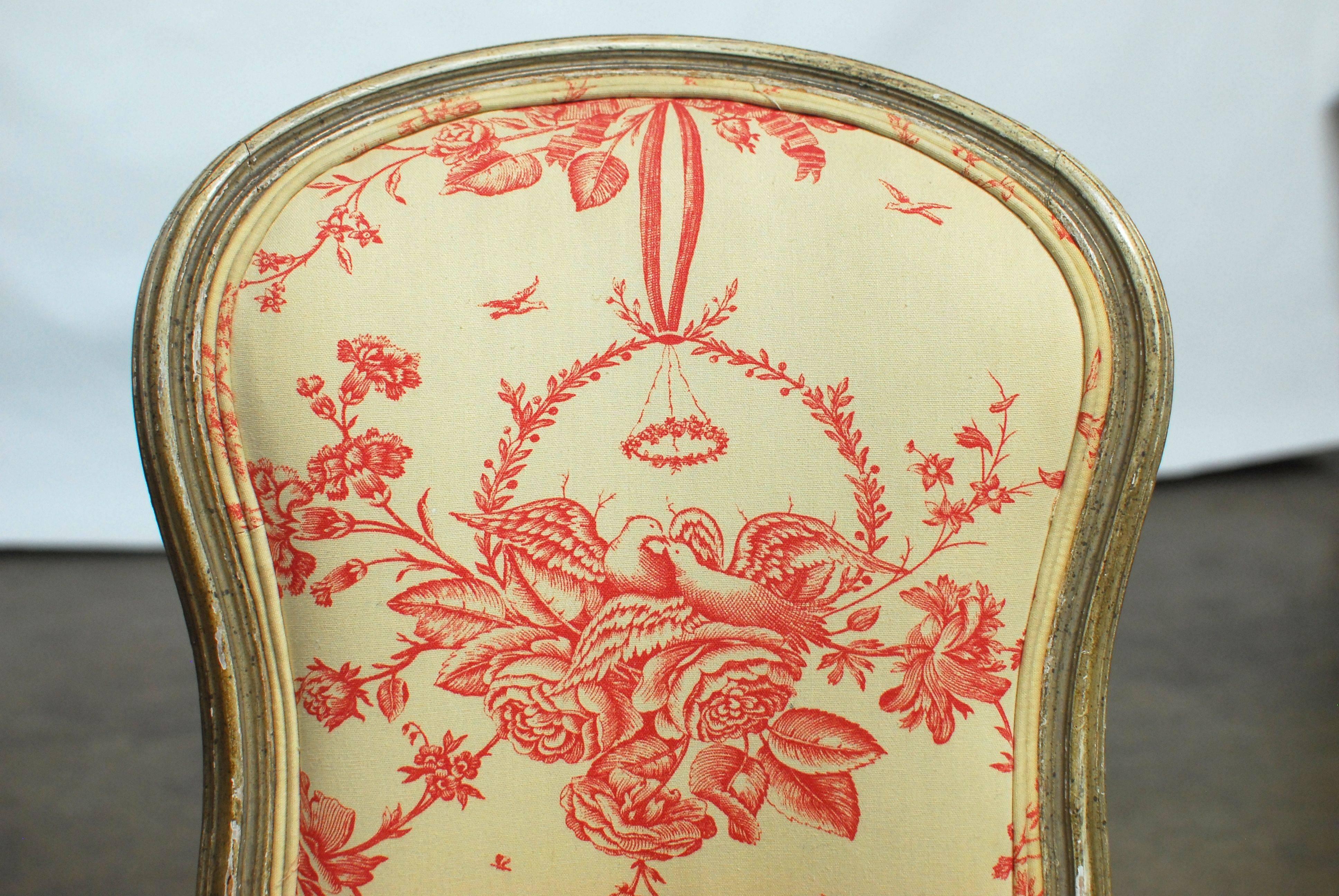 Hand-Crafted 19th Century Louis XV Toile Slipper Chair For Sale