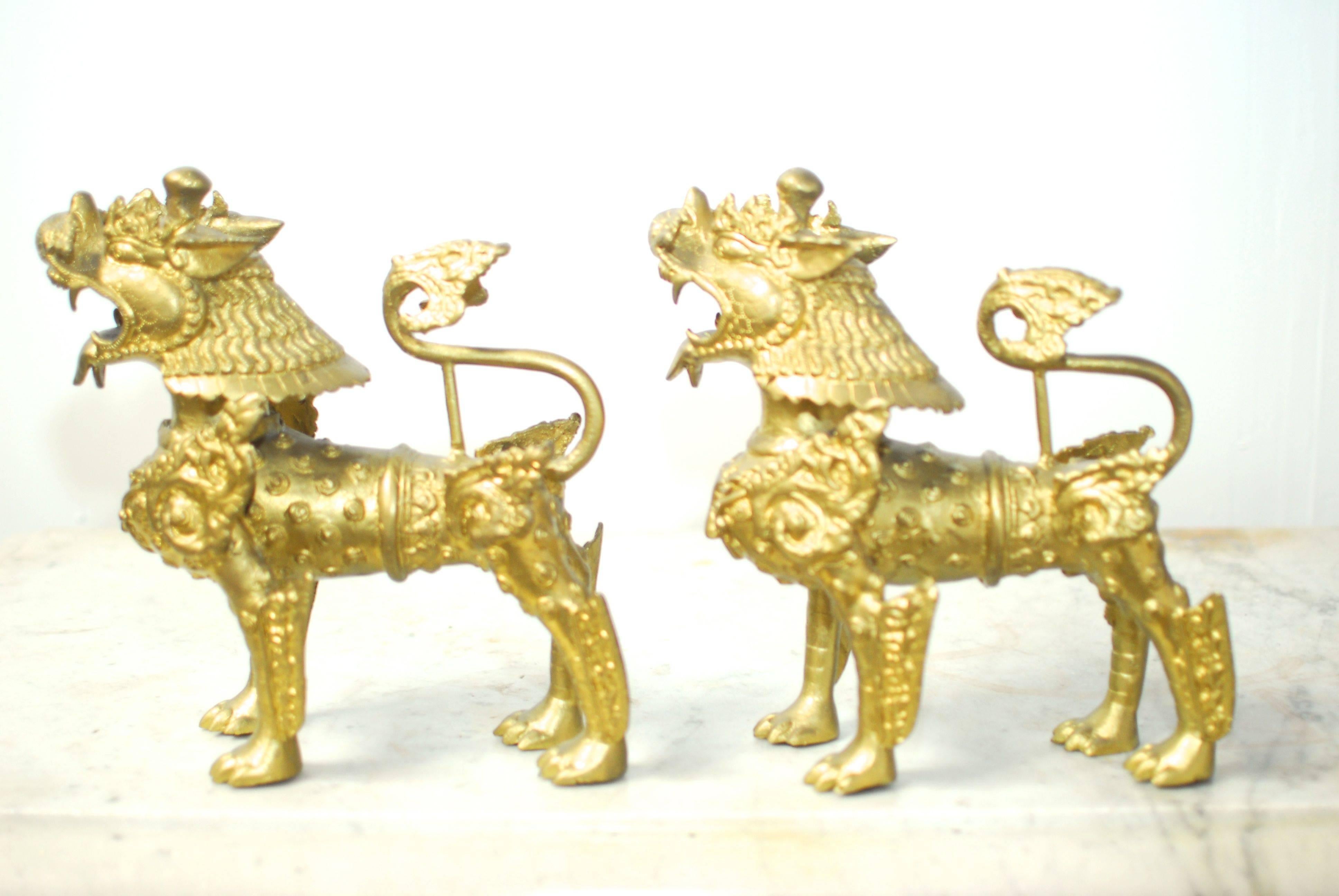 Chinese Pair of Southeast Asian Brass Foo Dogs with Gilt Finish