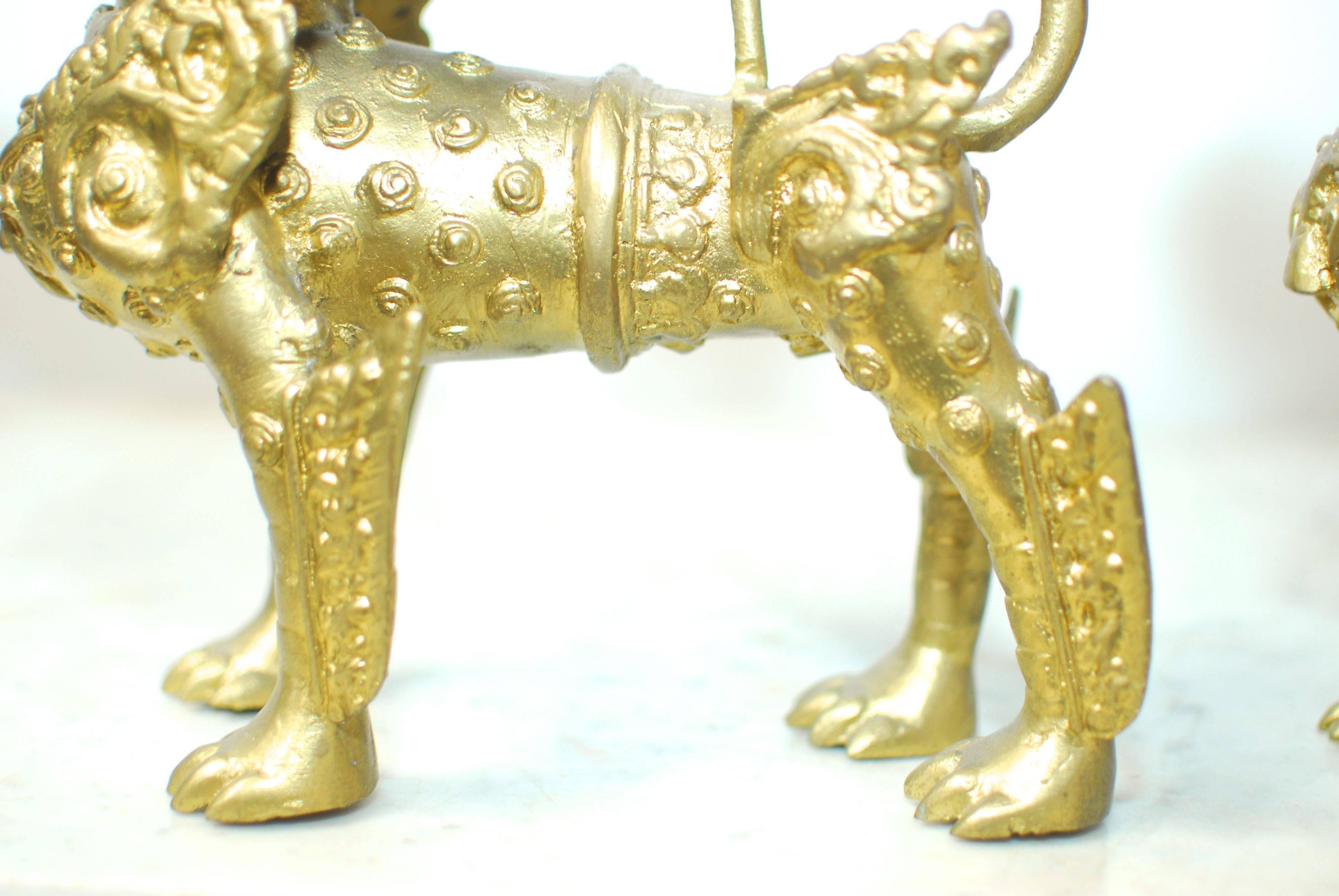 Hand-Crafted Pair of Southeast Asian Brass Foo Dogs with Gilt Finish