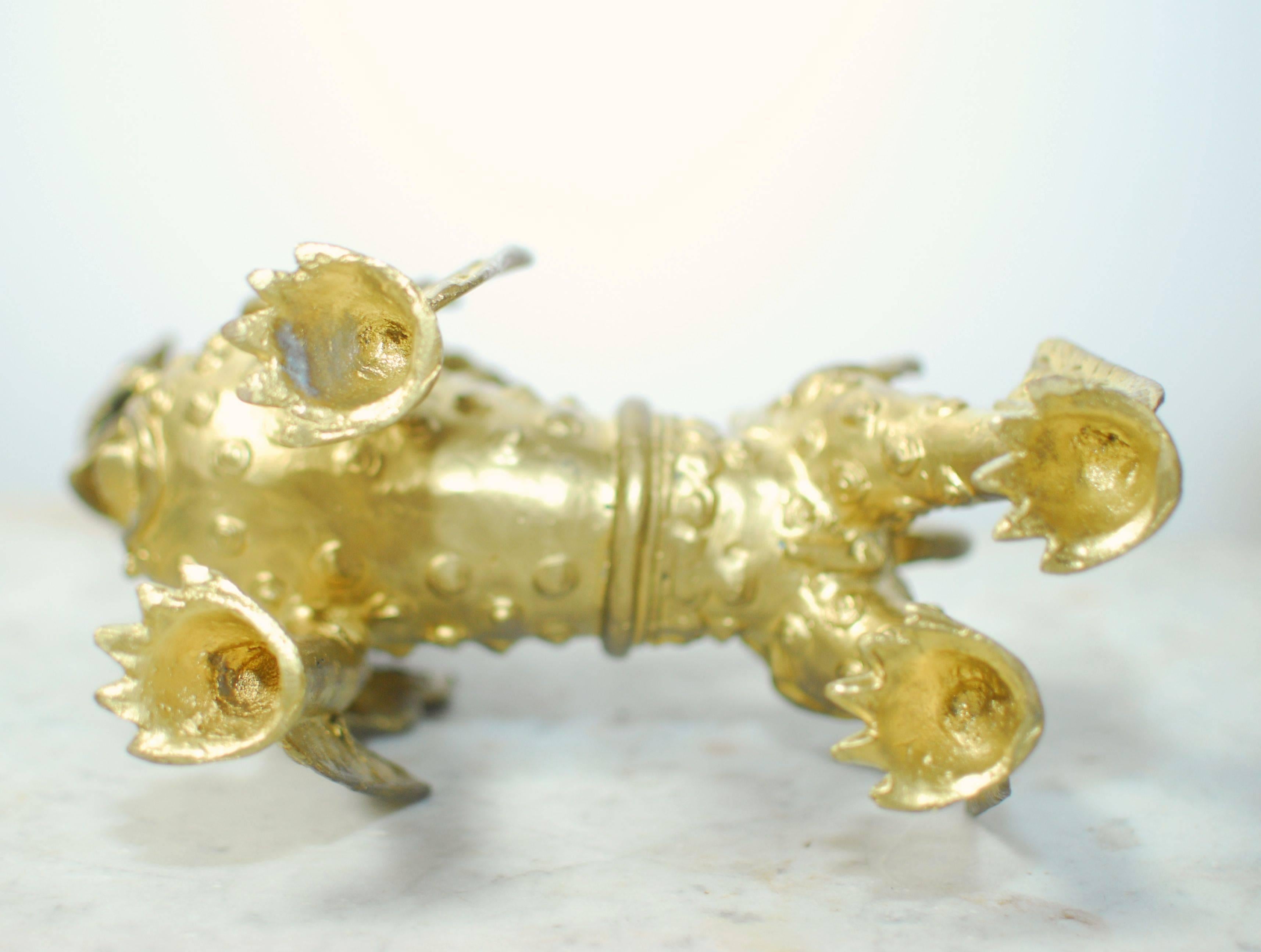 Pair of Southeast Asian Brass Foo Dogs with Gilt Finish In Good Condition In Rio Vista, CA