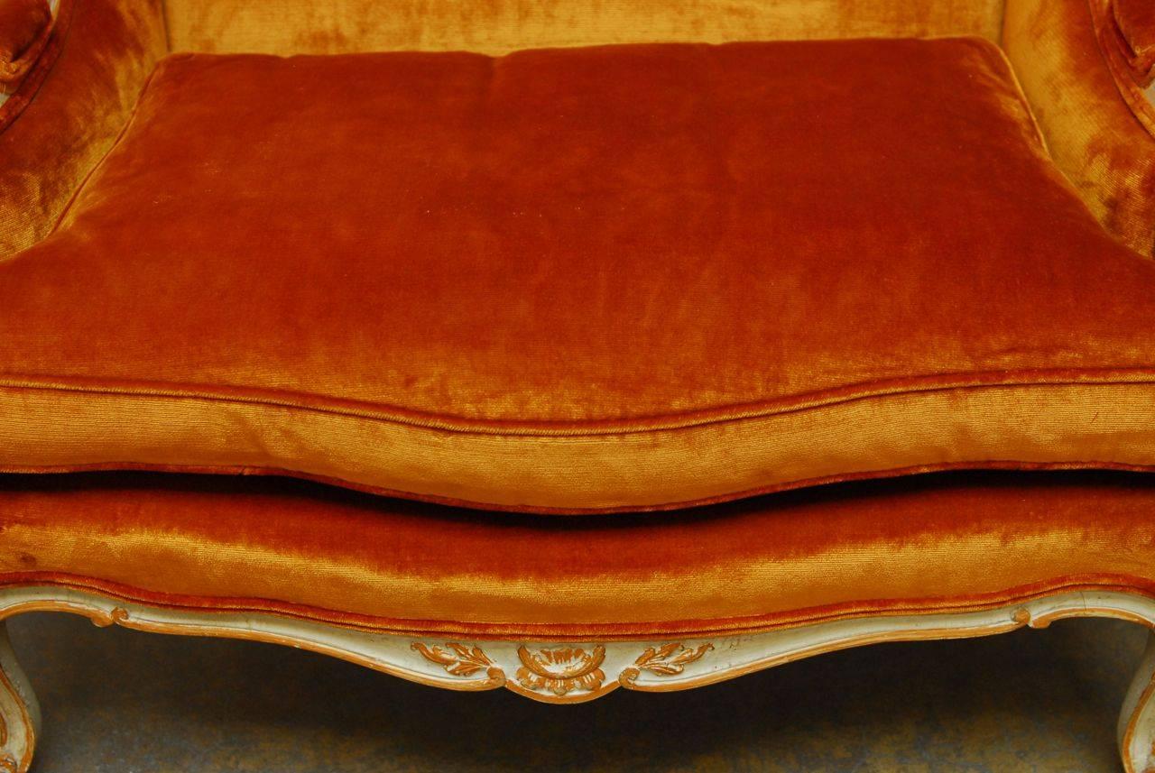 French Louis XV Velvet Wingback Loveseat Settee In Excellent Condition In Rio Vista, CA
