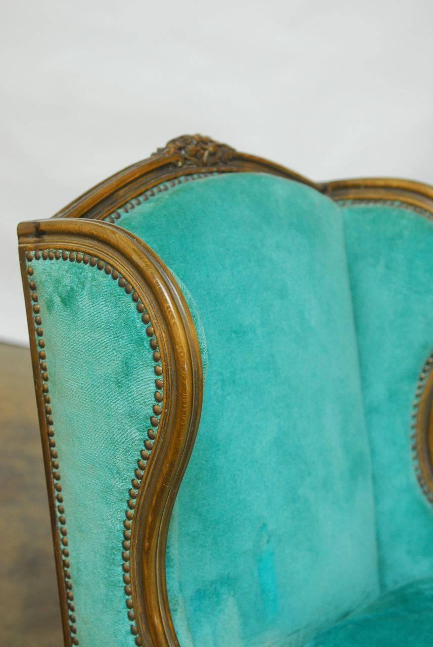 Pair of Louis XV Style Turquoise Velvet Wingback Bergères In Good Condition In Rio Vista, CA