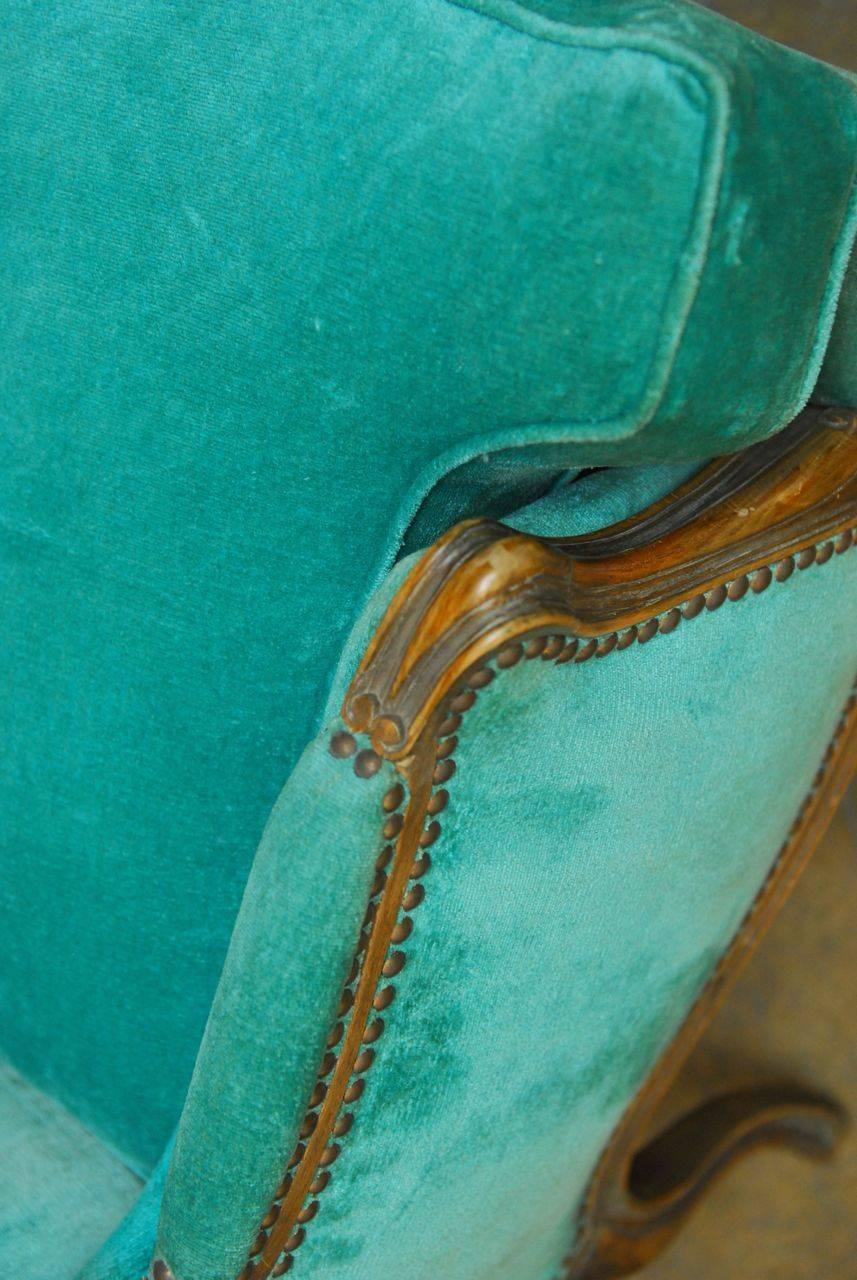 19th Century Pair of Louis XV Style Turquoise Velvet Wingback Bergères