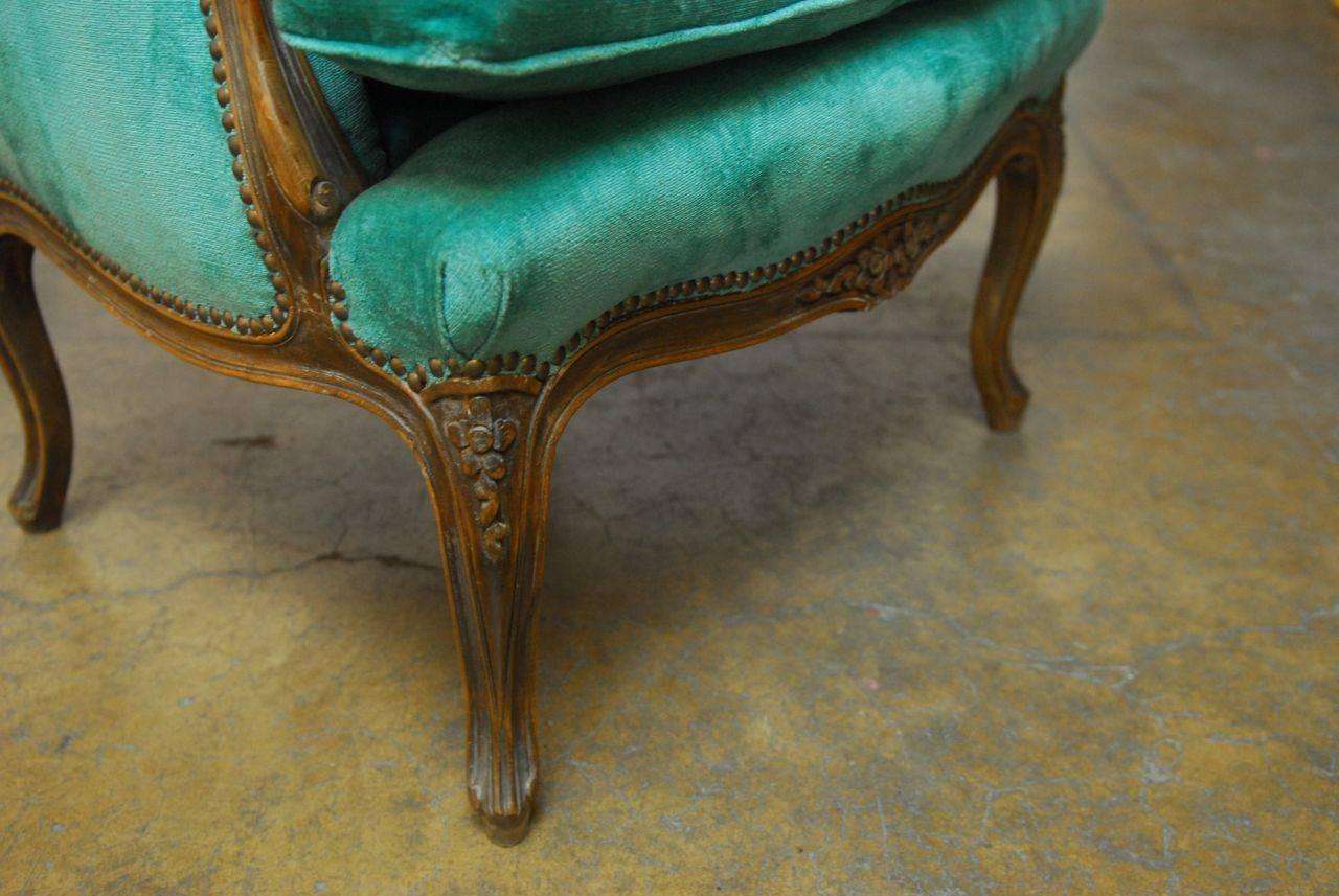 Wood Pair of Louis XV Style Turquoise Velvet Wingback Bergères
