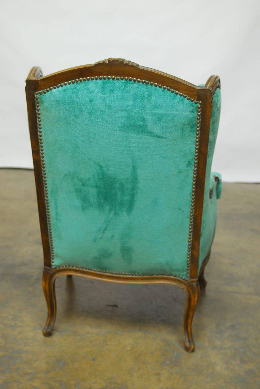 Pair of Louis XV Style Turquoise Velvet Wingback Bergères 1