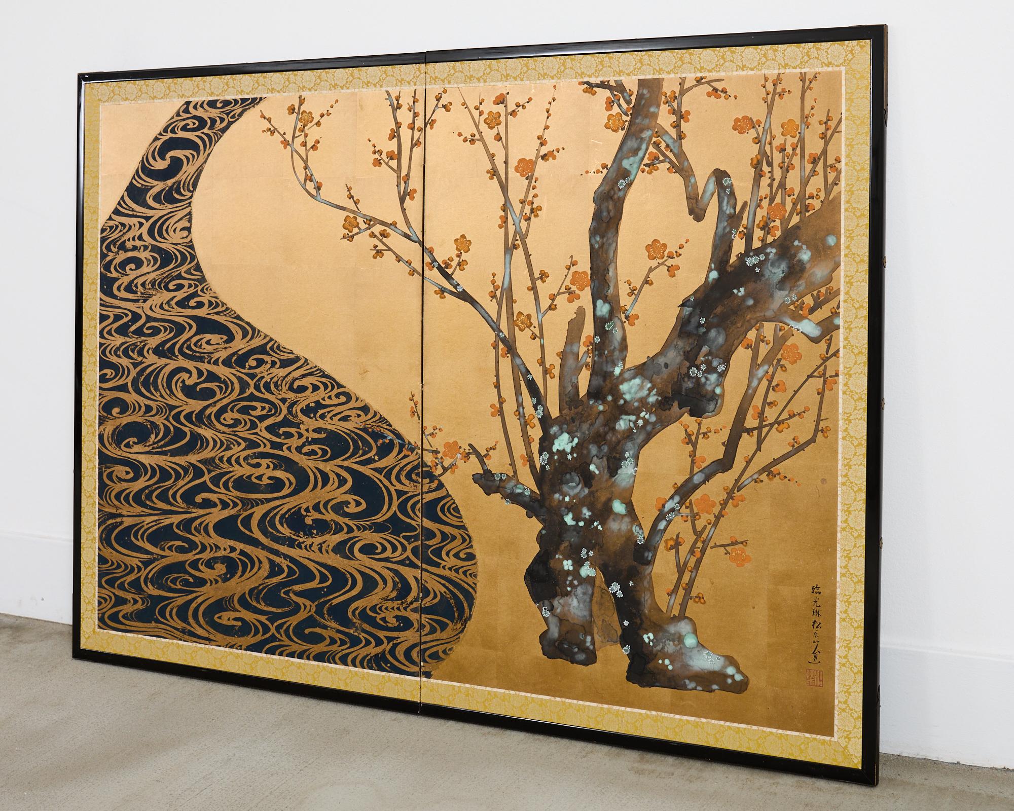 Pair of Red and White Plum Blossom Screens After Ogata Korin For Sale 2