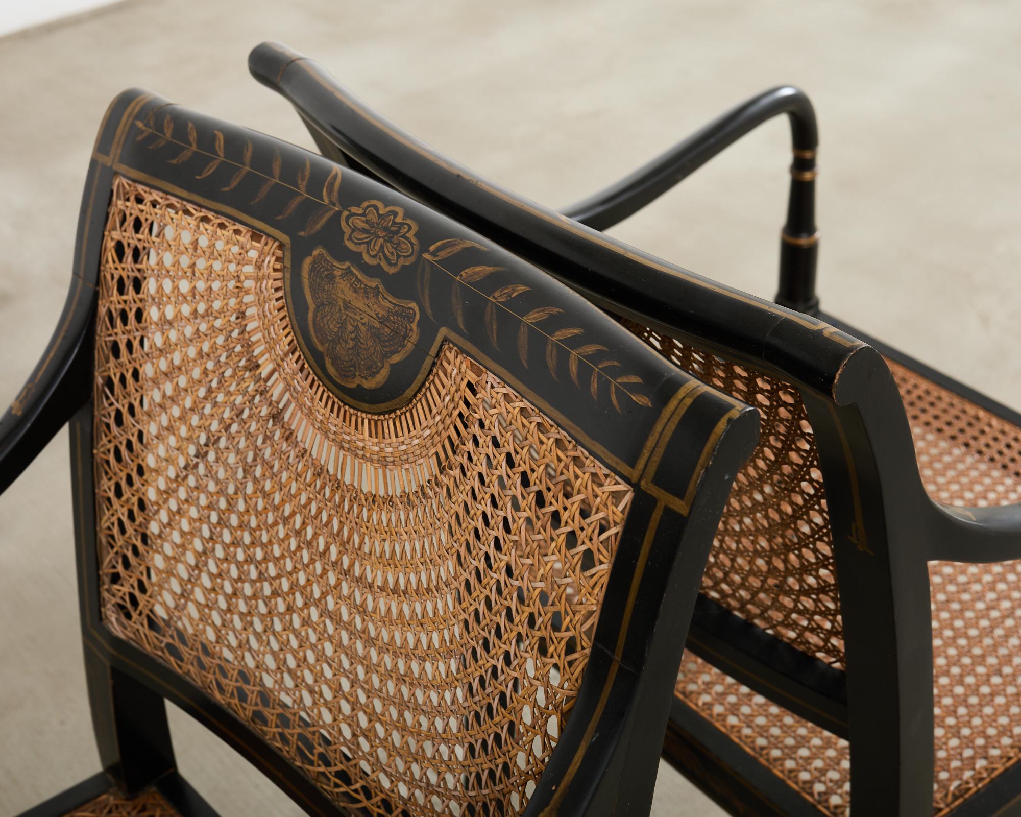 Pair of English Regency Style Ebonized Caned Elbow Chairs For Sale 8