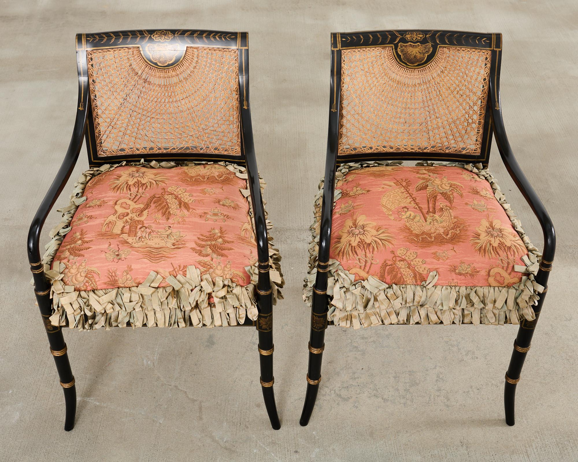 Pair of English Regency Style Ebonized Caned Elbow Chairs In Good Condition For Sale In Rio Vista, CA