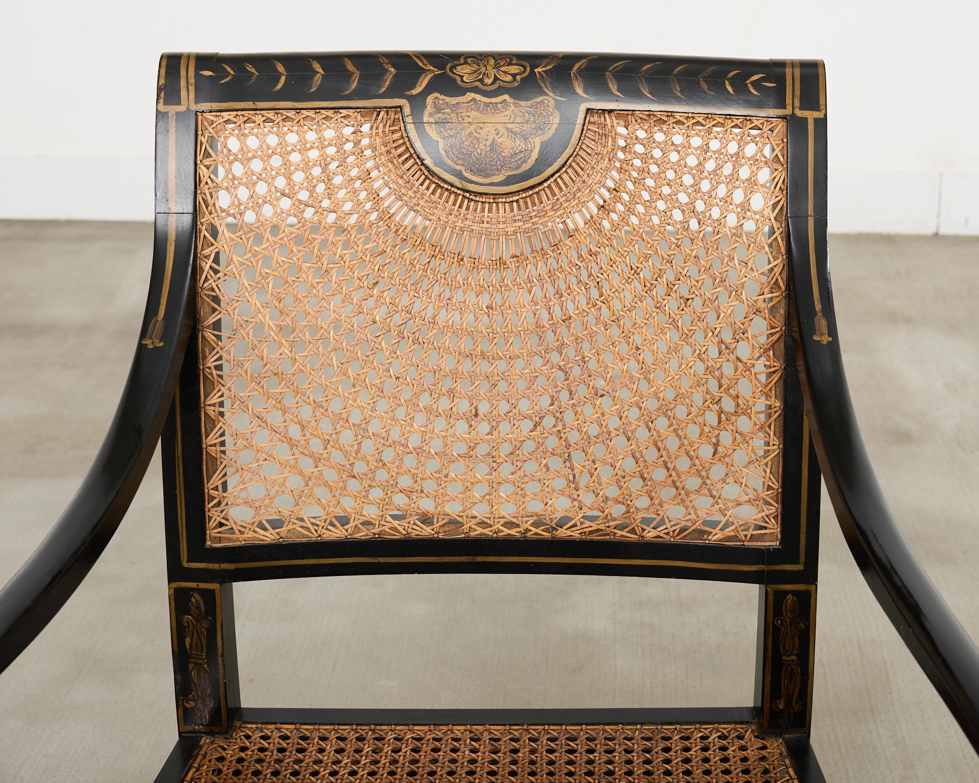 Pair of English Regency Style Ebonized Caned Elbow Chairs For Sale 12