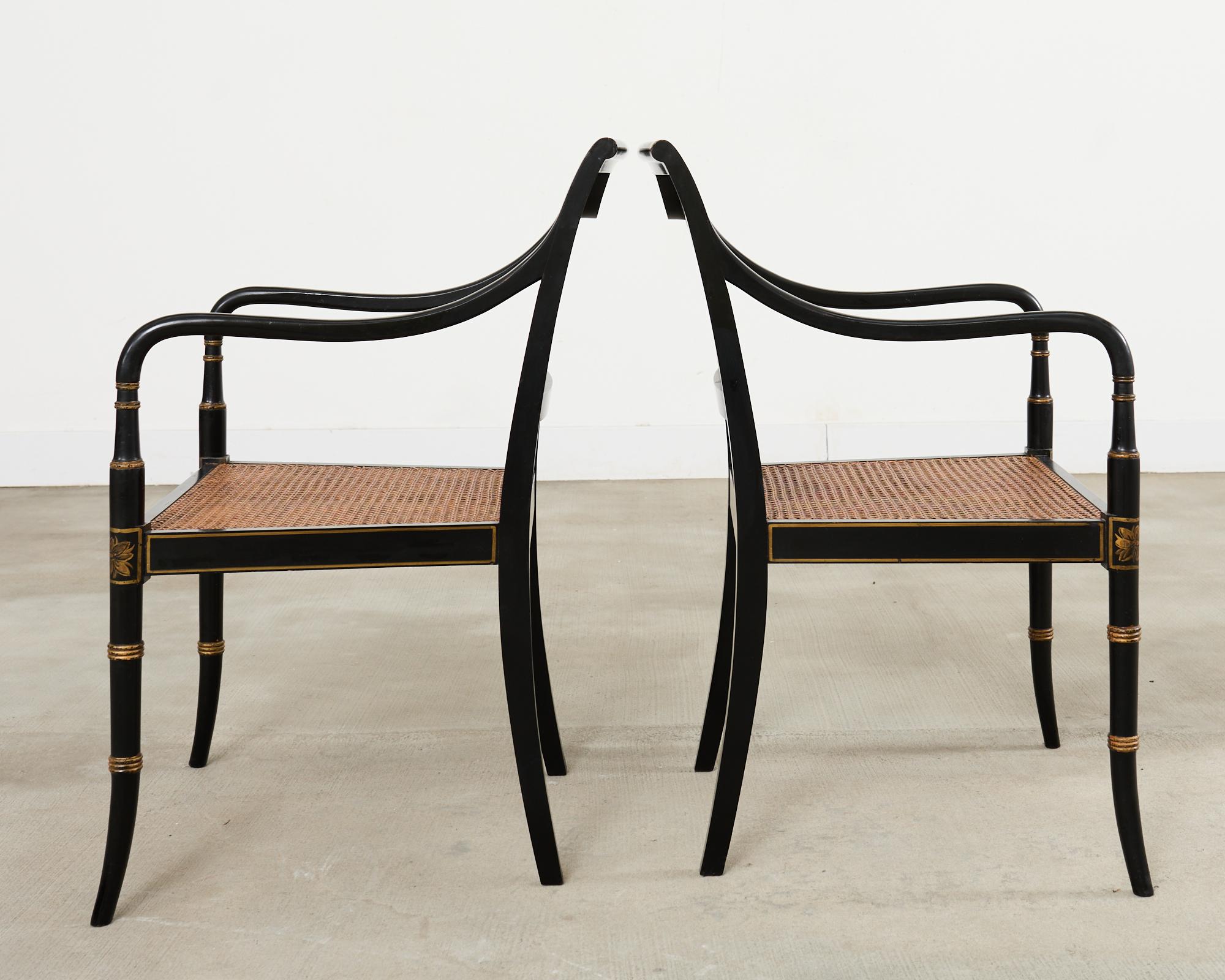 Pair of English Regency Style Ebonized Caned Elbow Chairs For Sale 9