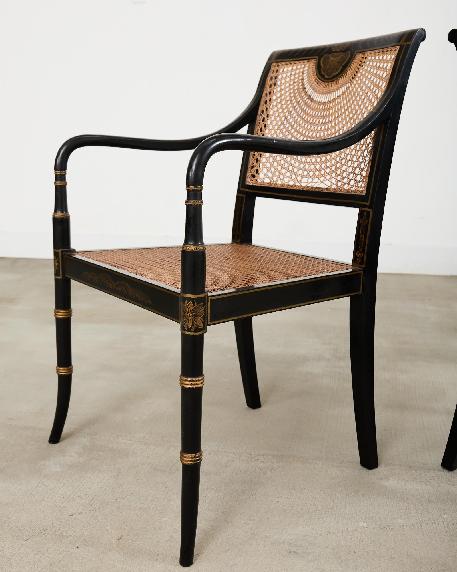 Pair of English Regency Style Ebonized Caned Elbow Chairs For Sale 7