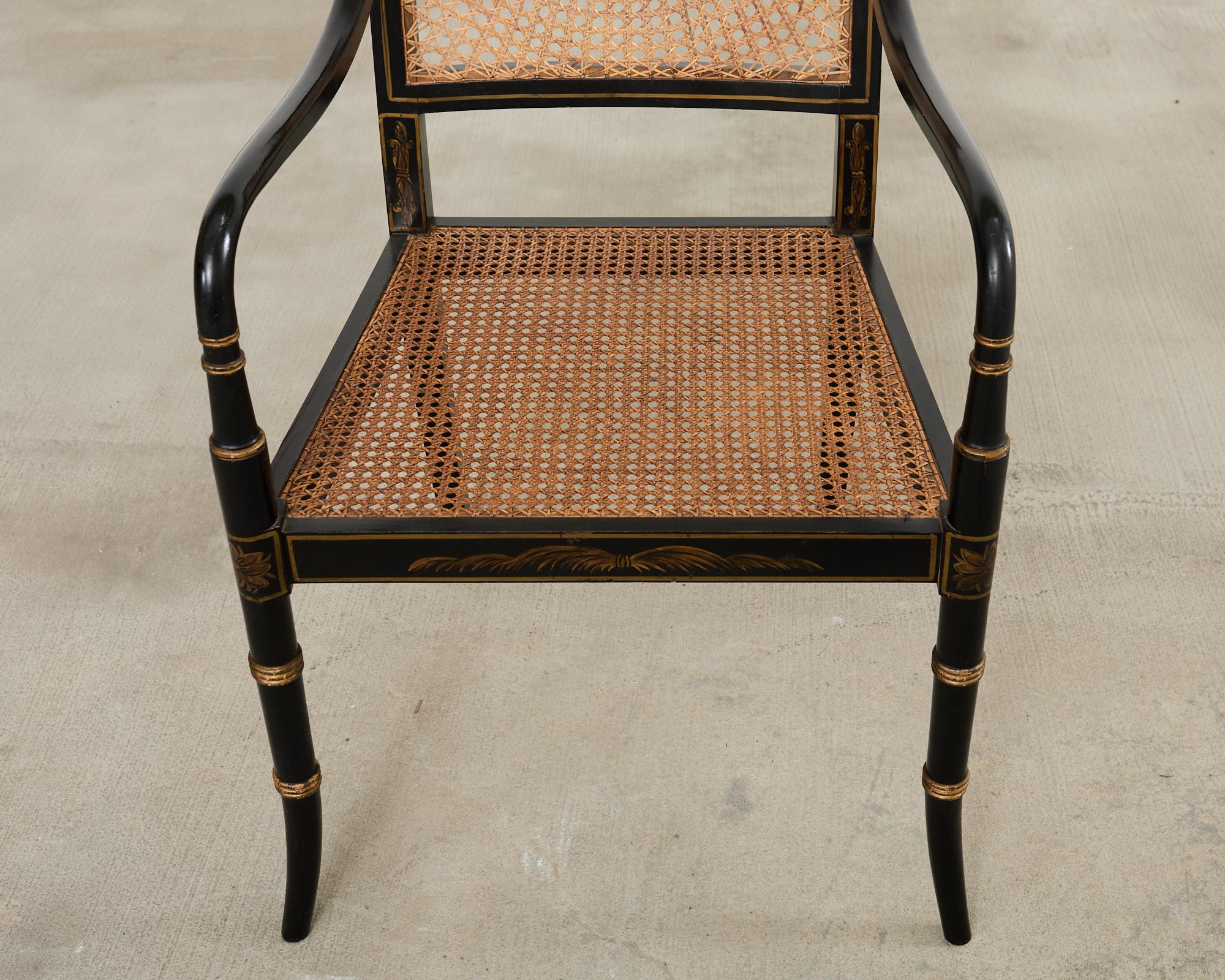 Pair of English Regency Style Ebonized Caned Elbow Chairs For Sale 13