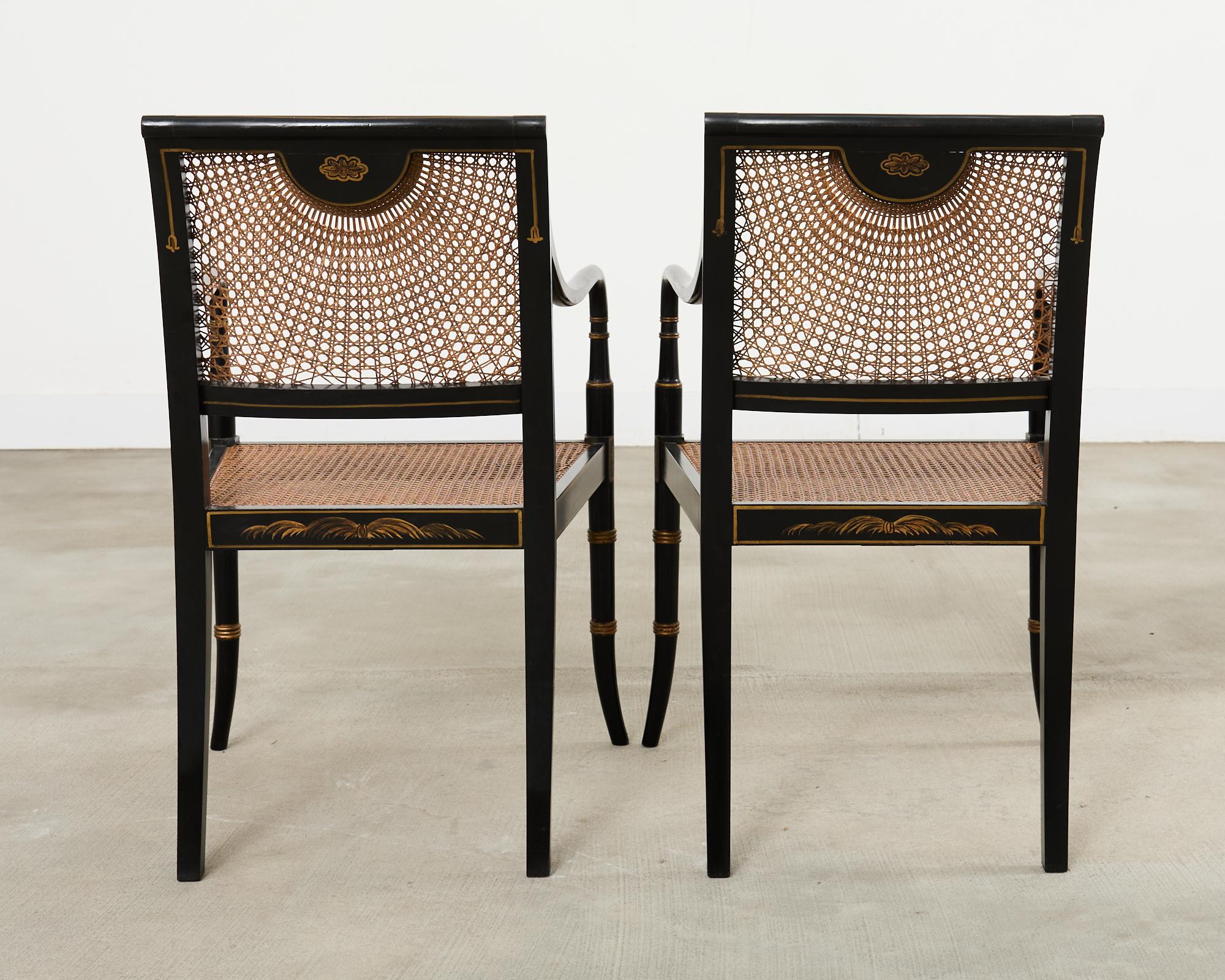 Pair of English Regency Style Ebonized Caned Elbow Chairs For Sale 10