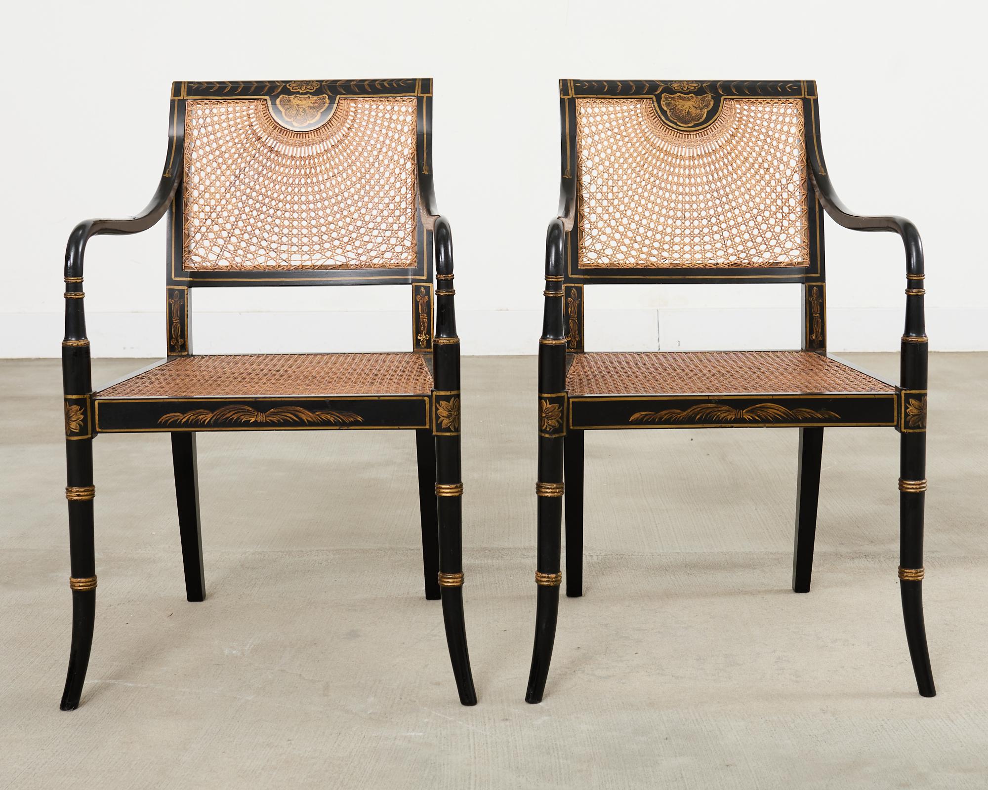 Pair of English Regency Style Ebonized Caned Elbow Chairs For Sale 2