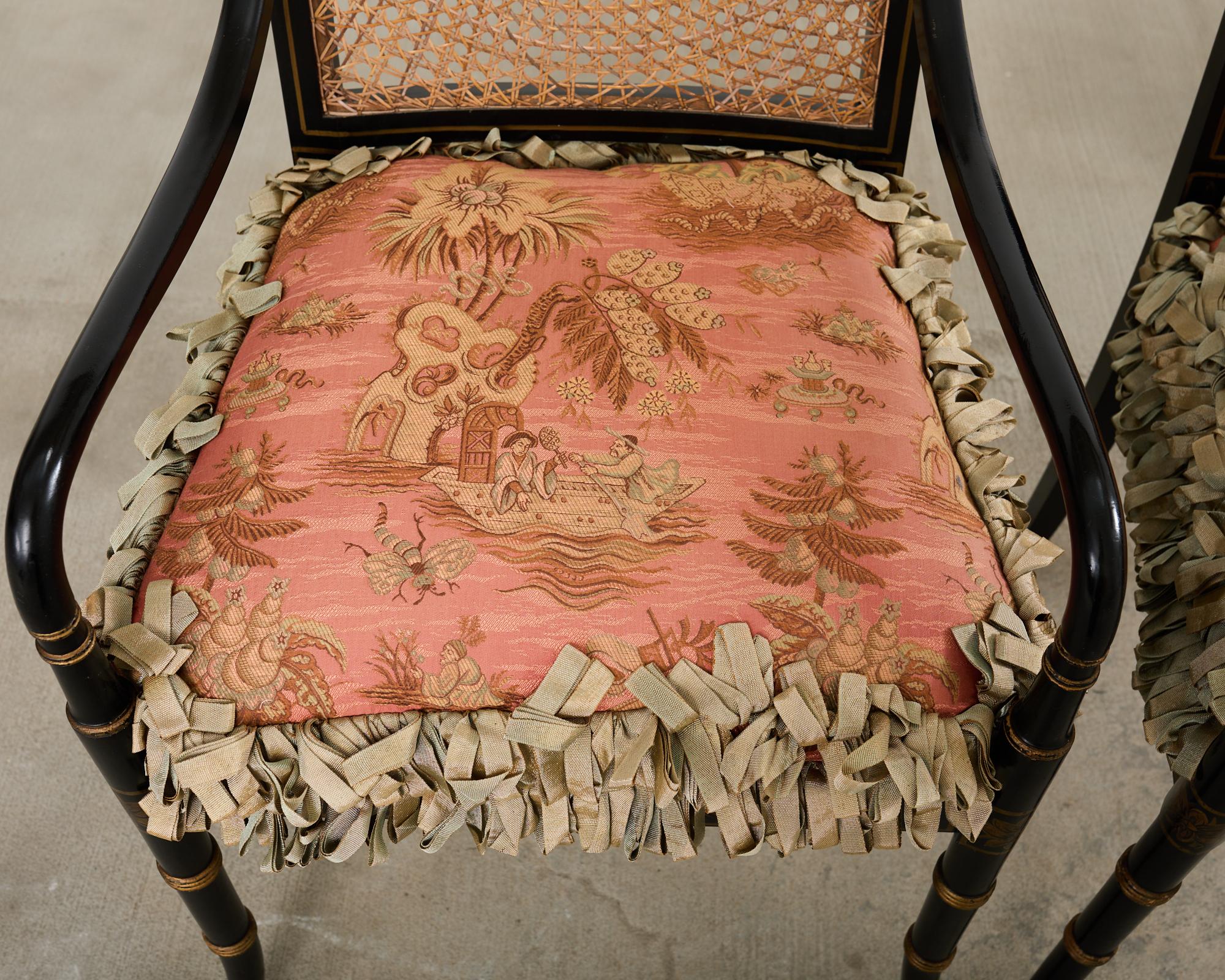 Pair of English Regency Style Ebonized Caned Elbow Chairs For Sale 1