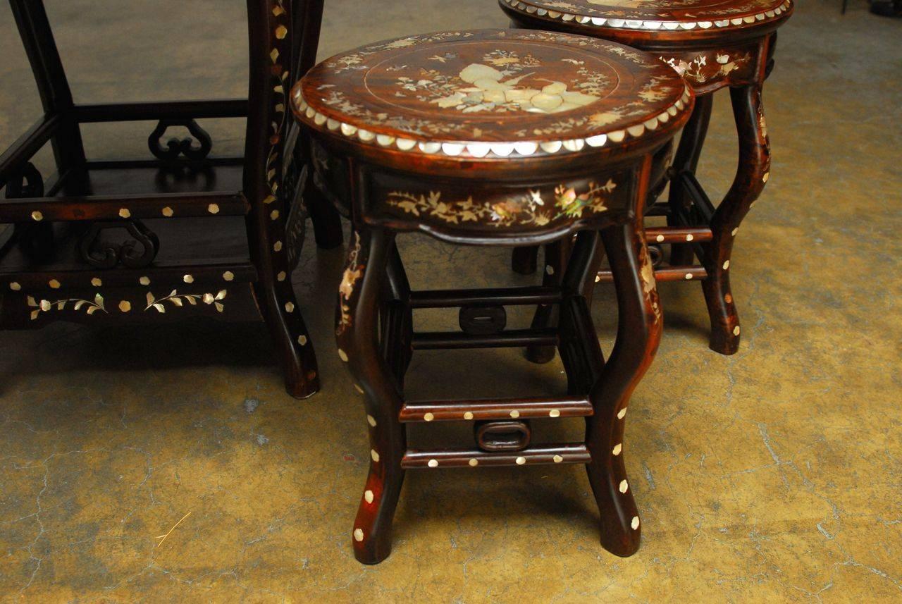 Chinese Rosewood MotherofPearl Inlay Tea Table with Stools at 1stdibs
