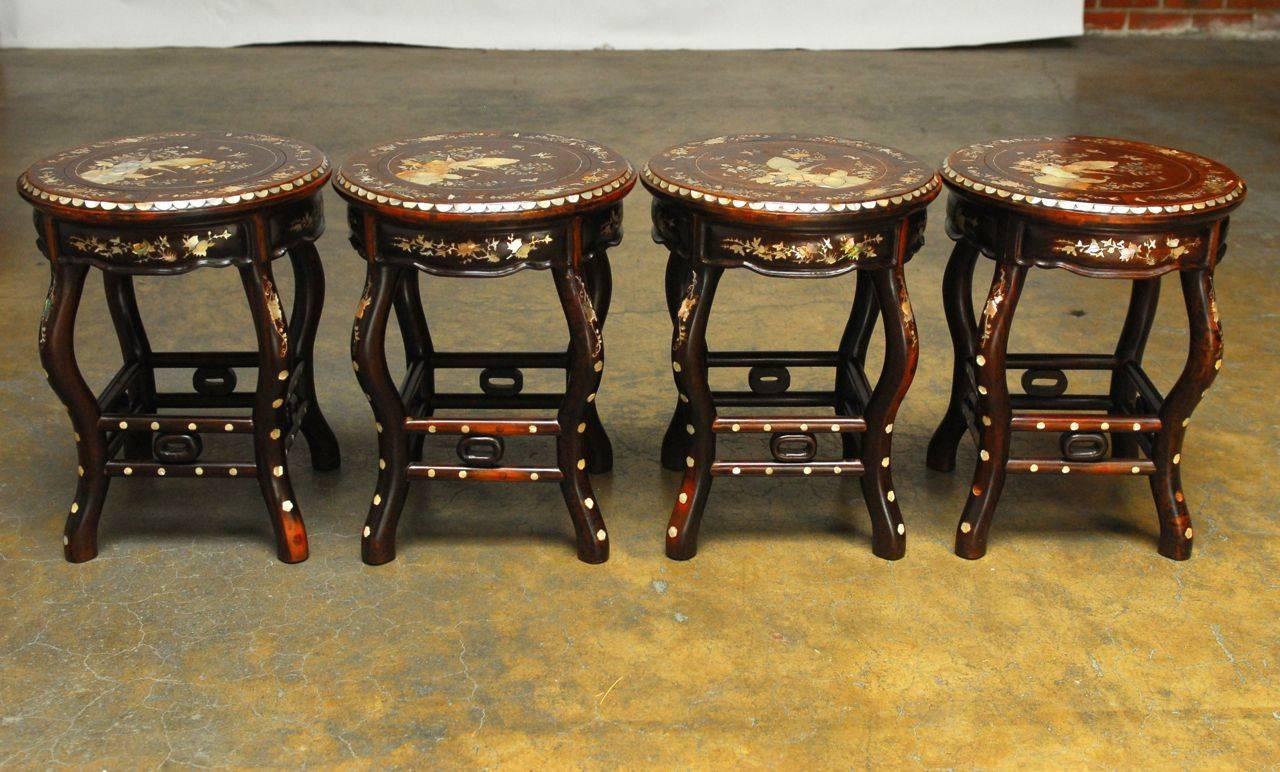 20th Century Chinese Rosewood Mother-of-Pearl Inlay Tea Table with Stools