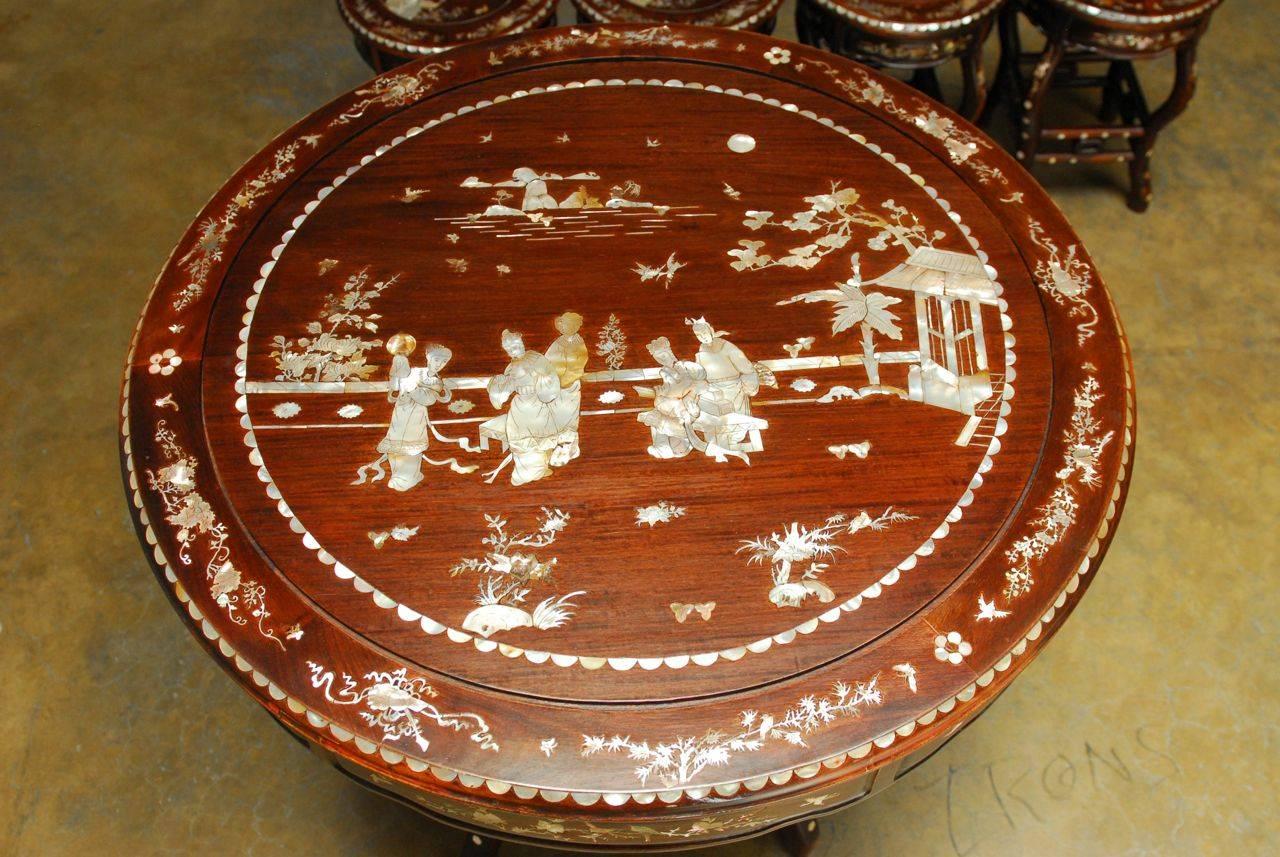 Hand-Carved Chinese Rosewood Mother-of-Pearl Inlay Tea Table with Stools