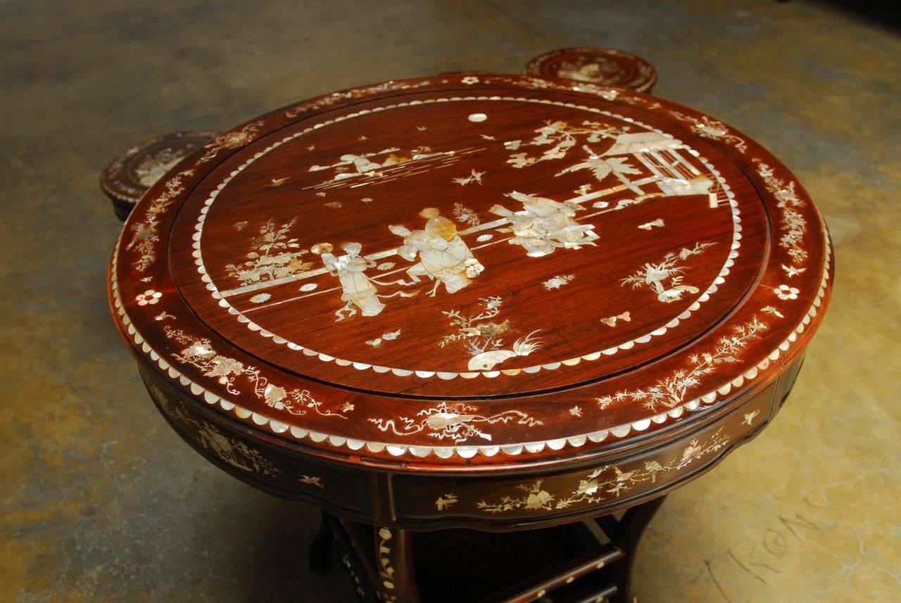 Chinese Rosewood Mother-of-Pearl Inlay Tea Table with Stools 1