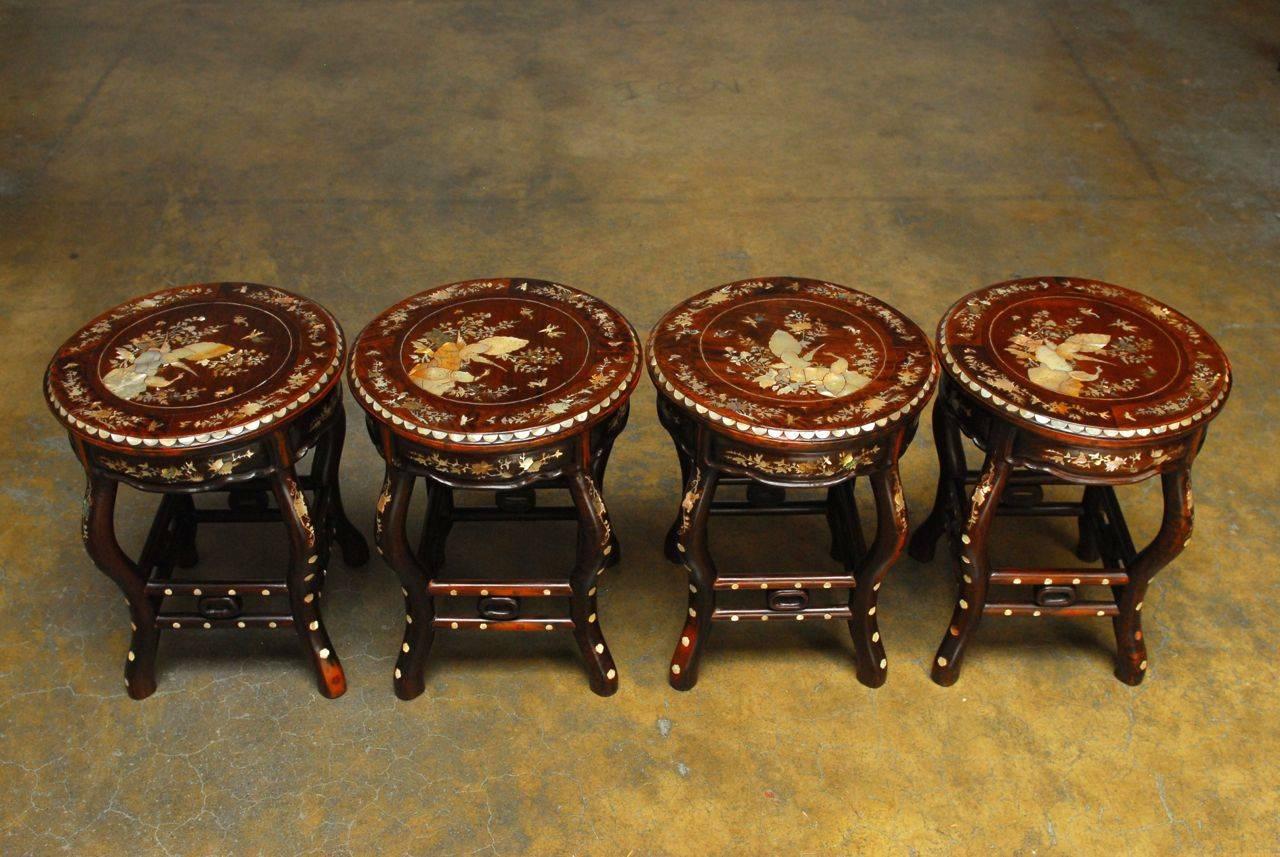 Chinese Rosewood Mother-of-Pearl Inlay Tea Table with Stools In Excellent Condition In Rio Vista, CA