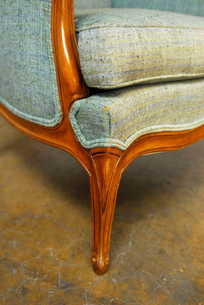 Hand-Carved Louis XV Style French Linen Wingback Chair