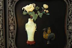 Six-Panel Chinese Lacquered and Jade Hardstone Screen