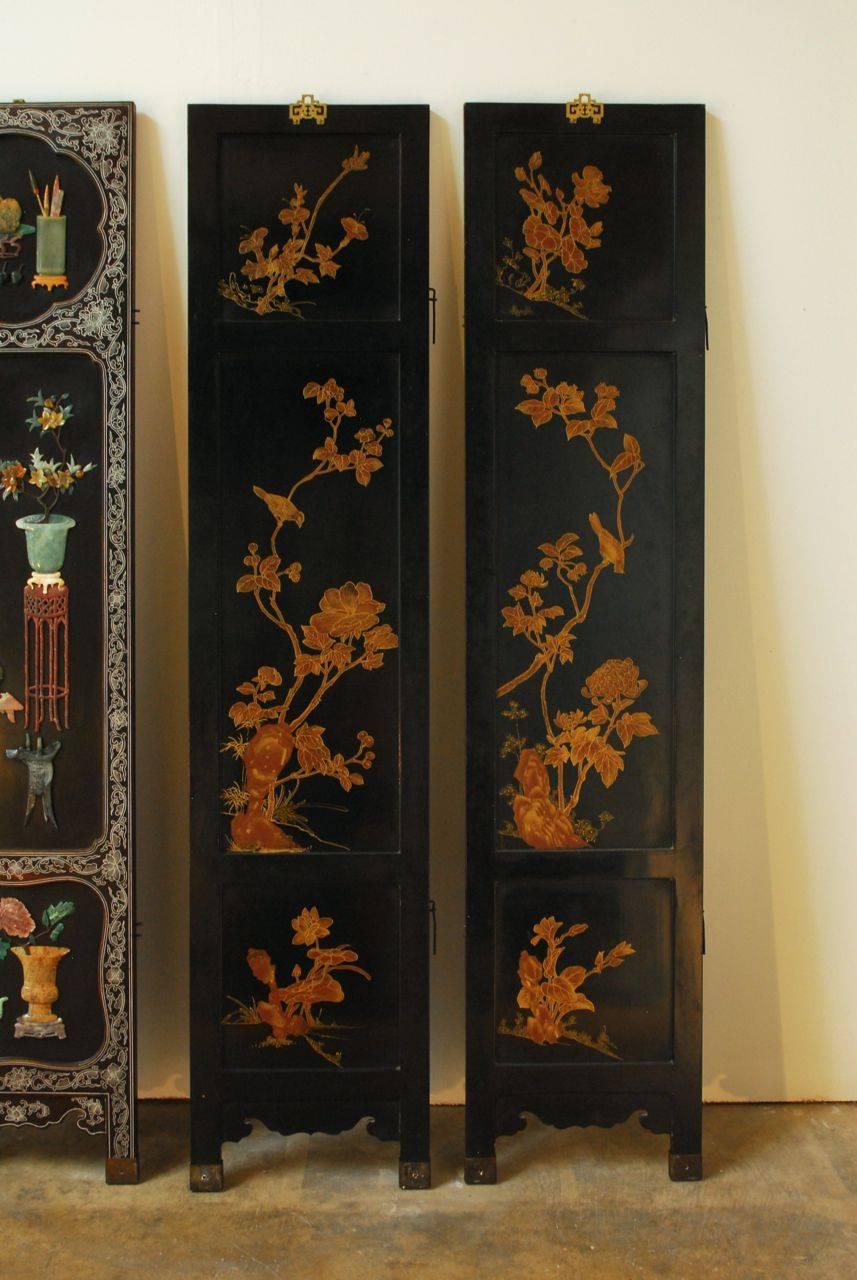 Qing Six-Panel Chinese Lacquered and Jade Hardstone Screen