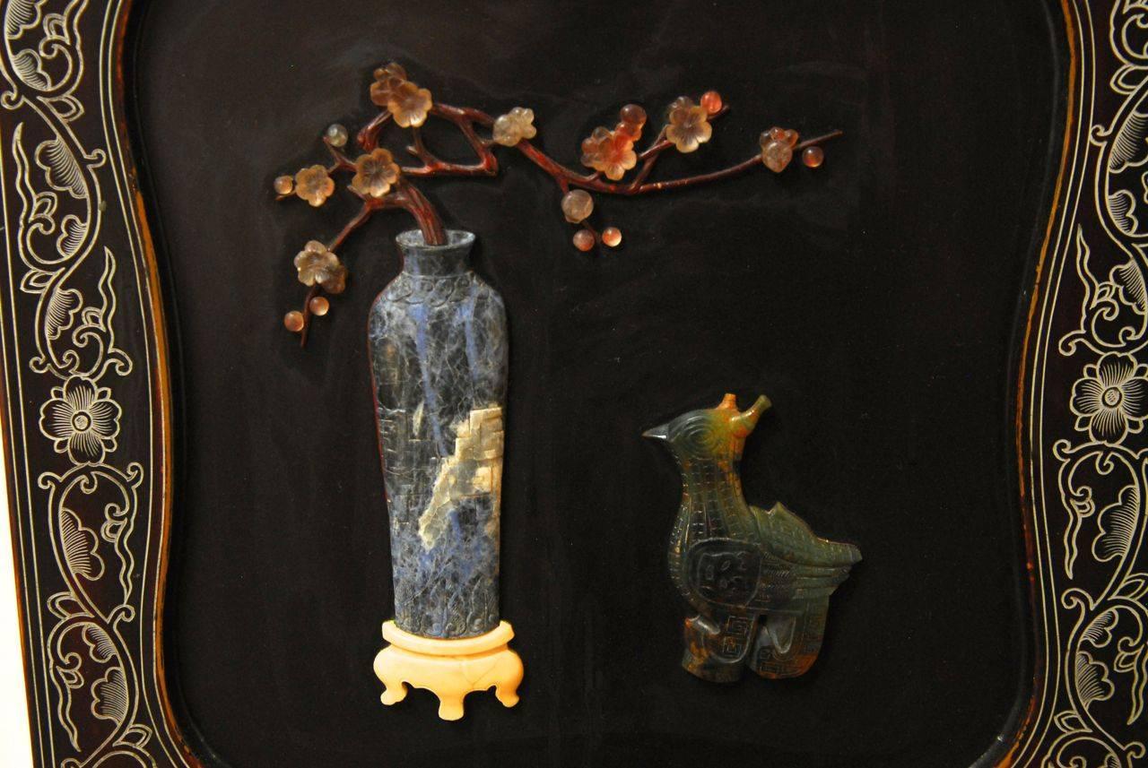 Hand-Carved Six-Panel Chinese Lacquered and Jade Hardstone Screen