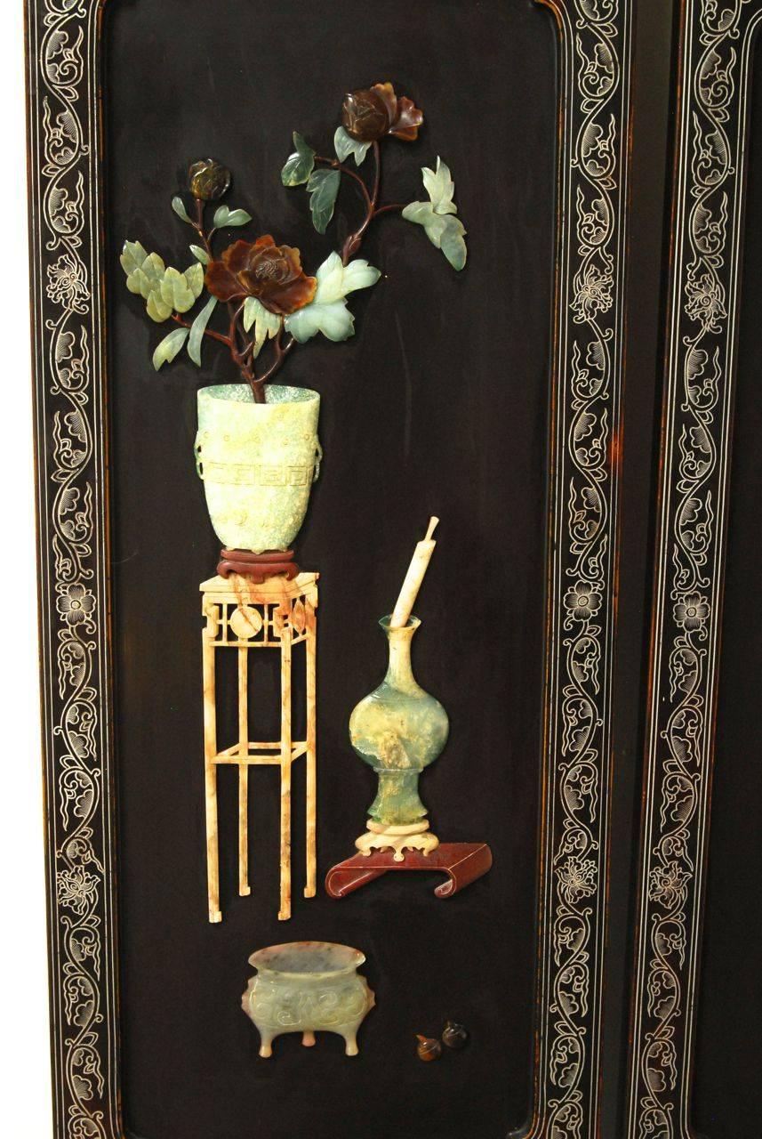 Six-Panel Chinese Lacquered and Jade Hardstone Screen In Excellent Condition In Rio Vista, CA