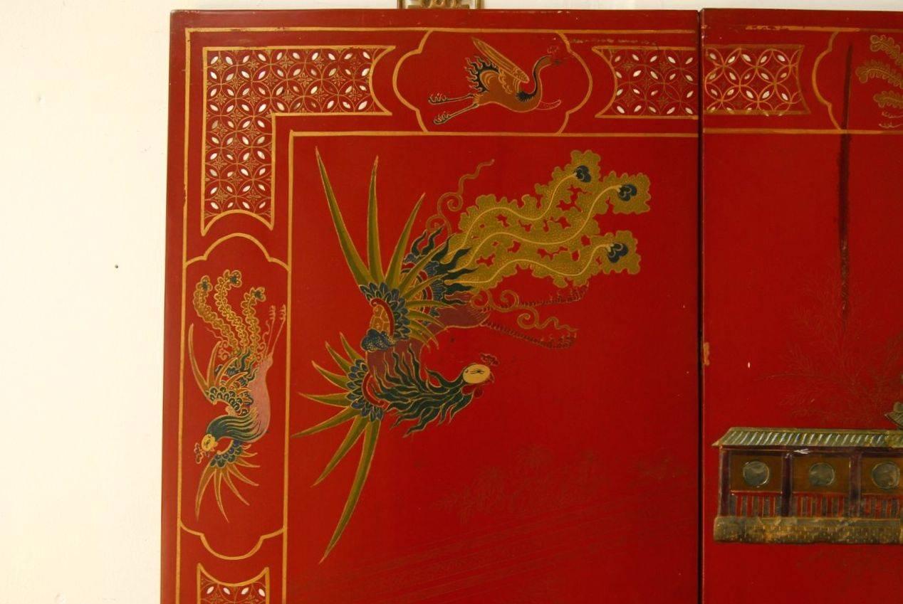 Sechstafeliger chinesischer Rotlackschirm mit Hartsteinintarsien (Qing-Dynastie)