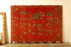 Six-Panel Chinese Red Lacquer Screen with Hardstone Inlay