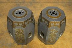 Pair of Chinese Pewter and Brass Drum Stools