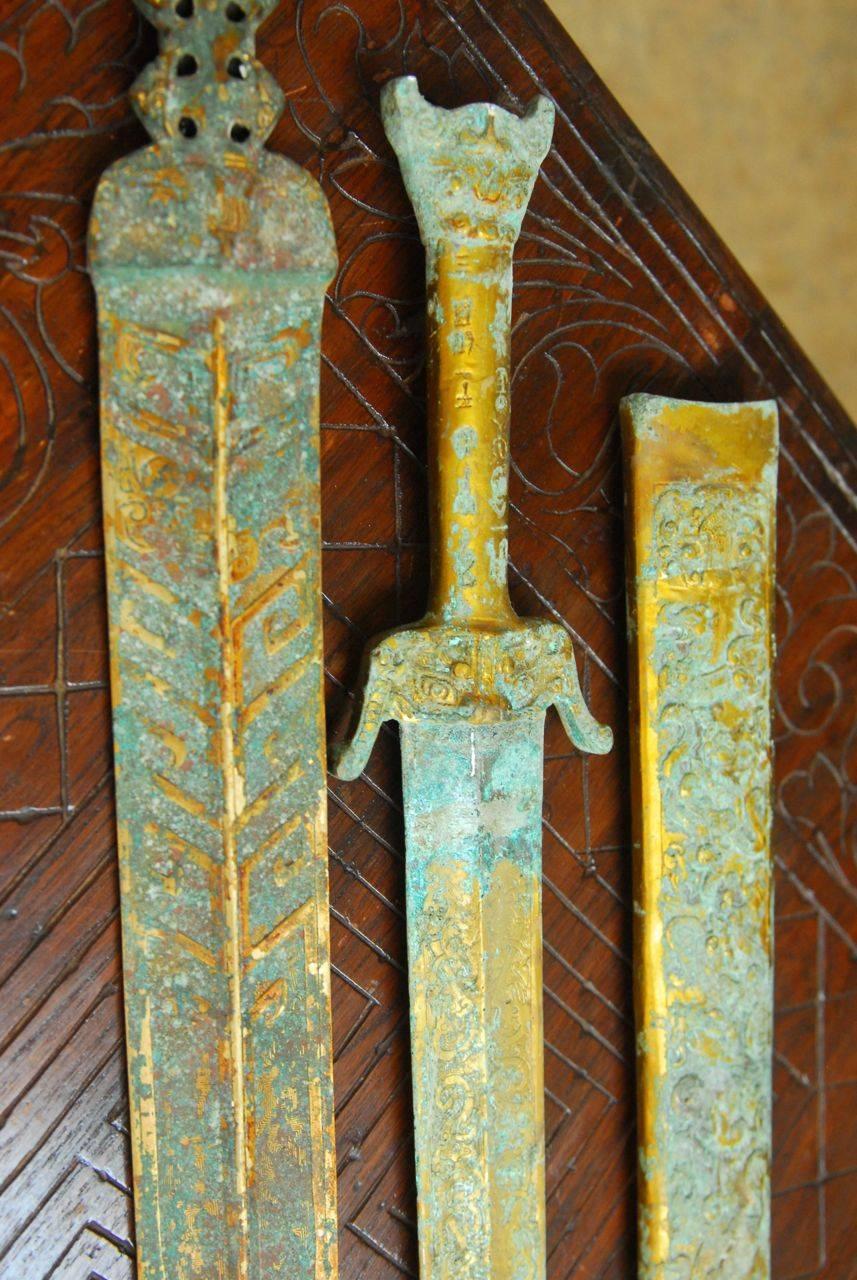 Hand-Crafted Pair of Chinese Qin Dynasty Archaic Style Brass Swords