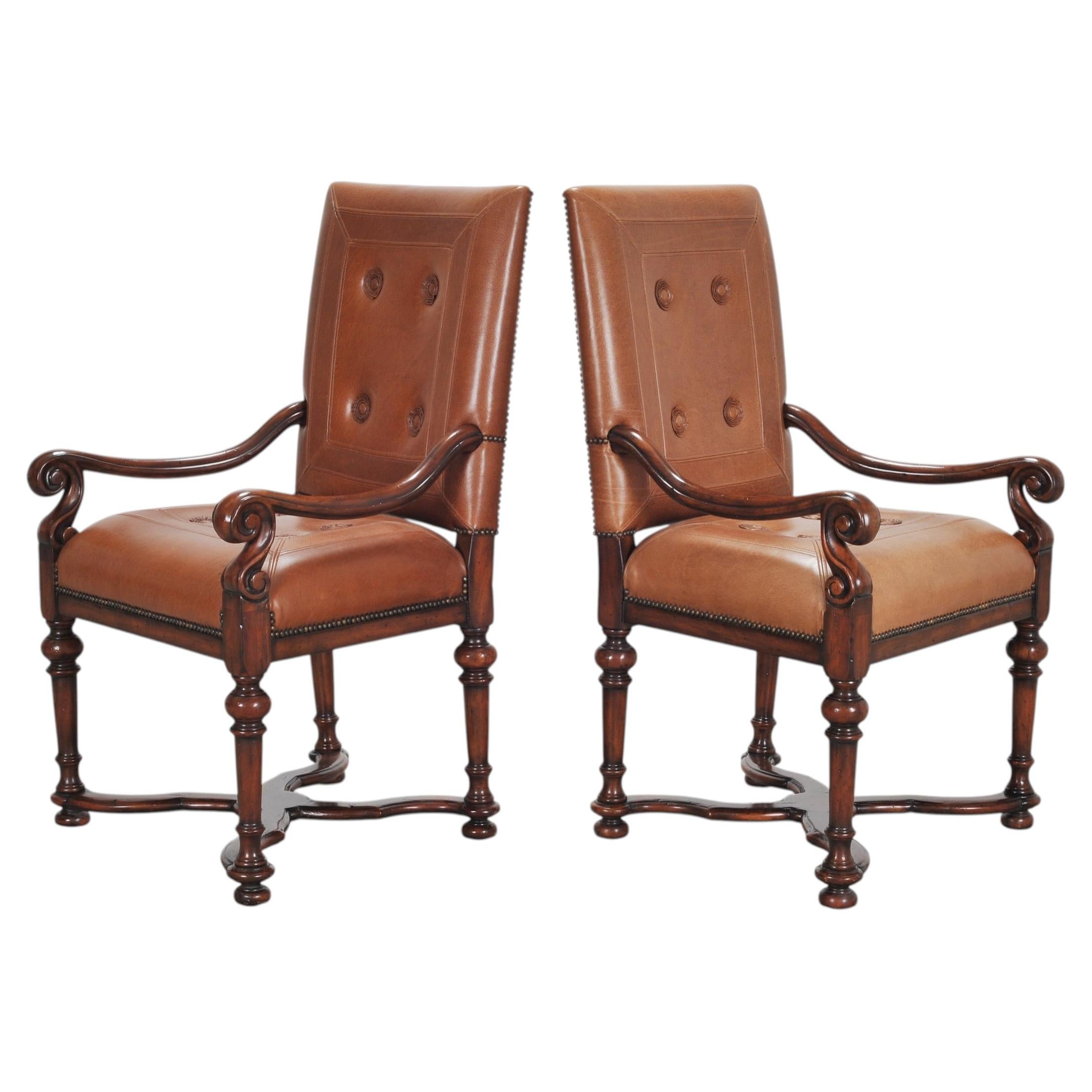 Pair of Louis XIII Baroque Style Mahogany Leather Armchairs