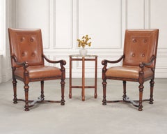 Pair of Louis XIII Baroque Style Mahogany Leather Armchairs