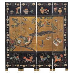 Chinese Export Lacquered Gilt Coromandel Screen Cranes and Ducks